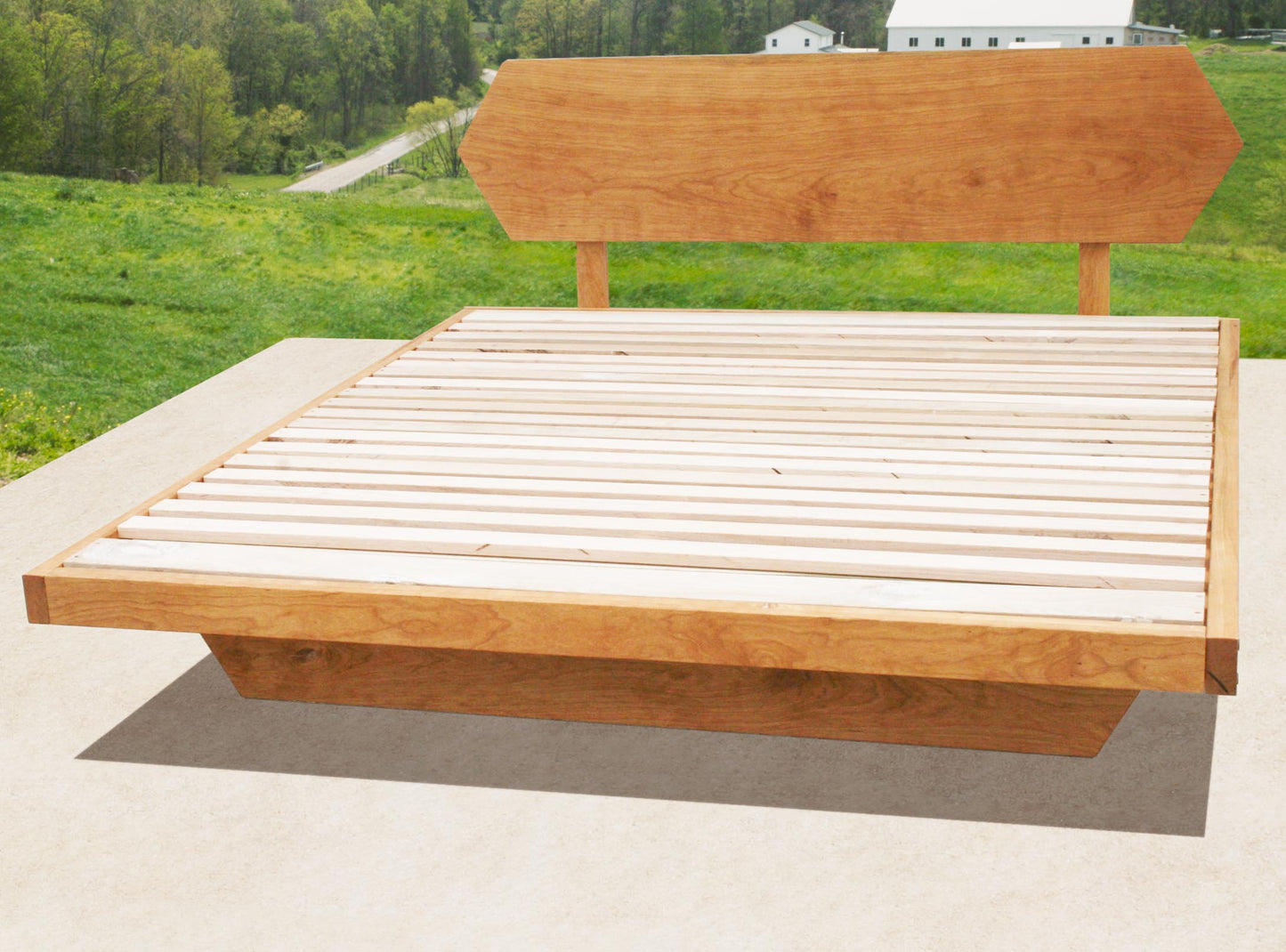 Low Platform Bed with headboard and angled base frame top view