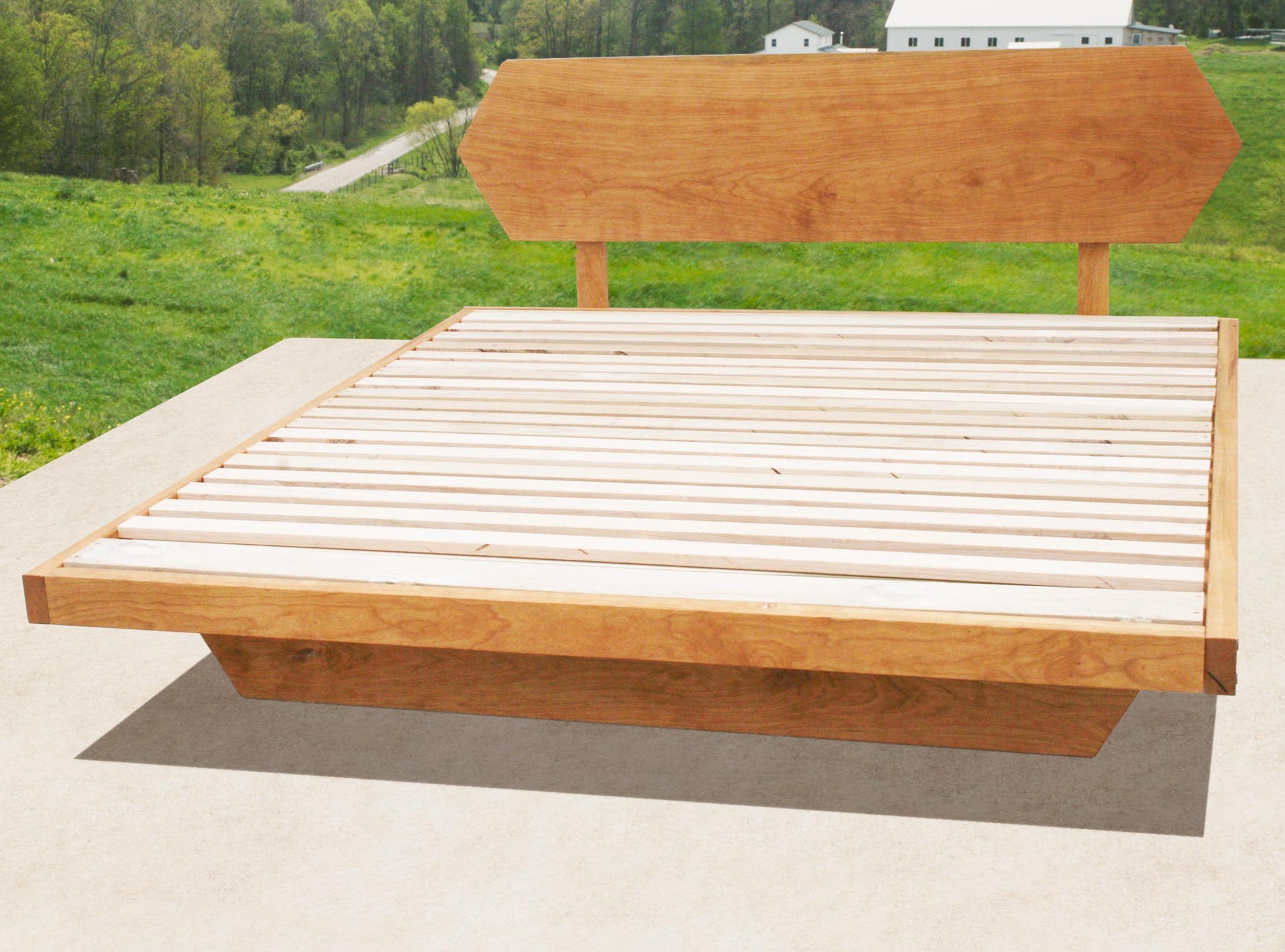 Low Platform Bed with headboard and angled base frame top view