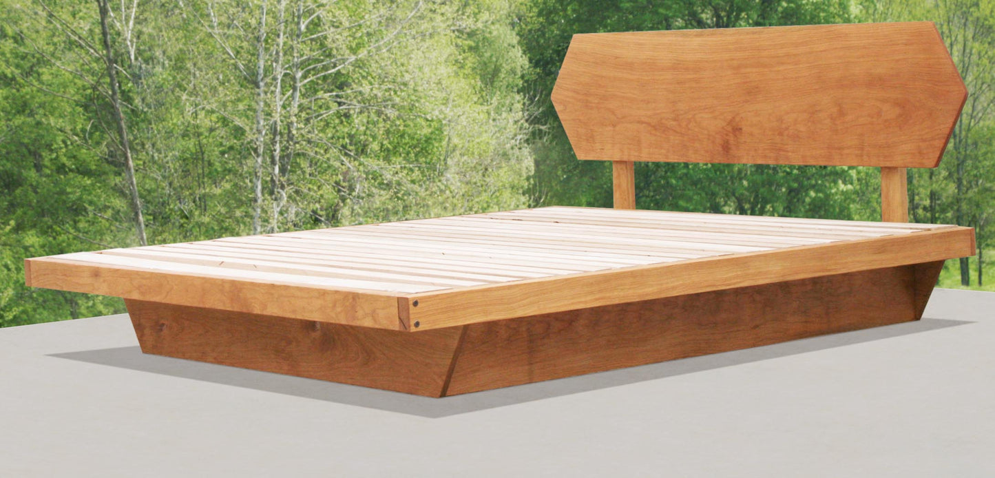 Low Platform Bed with headboard and angled base frame side view