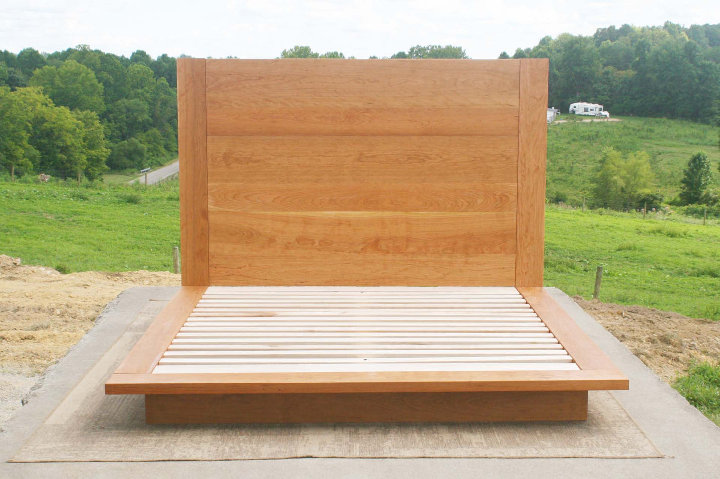 front view natural Platform bed with tall headboard