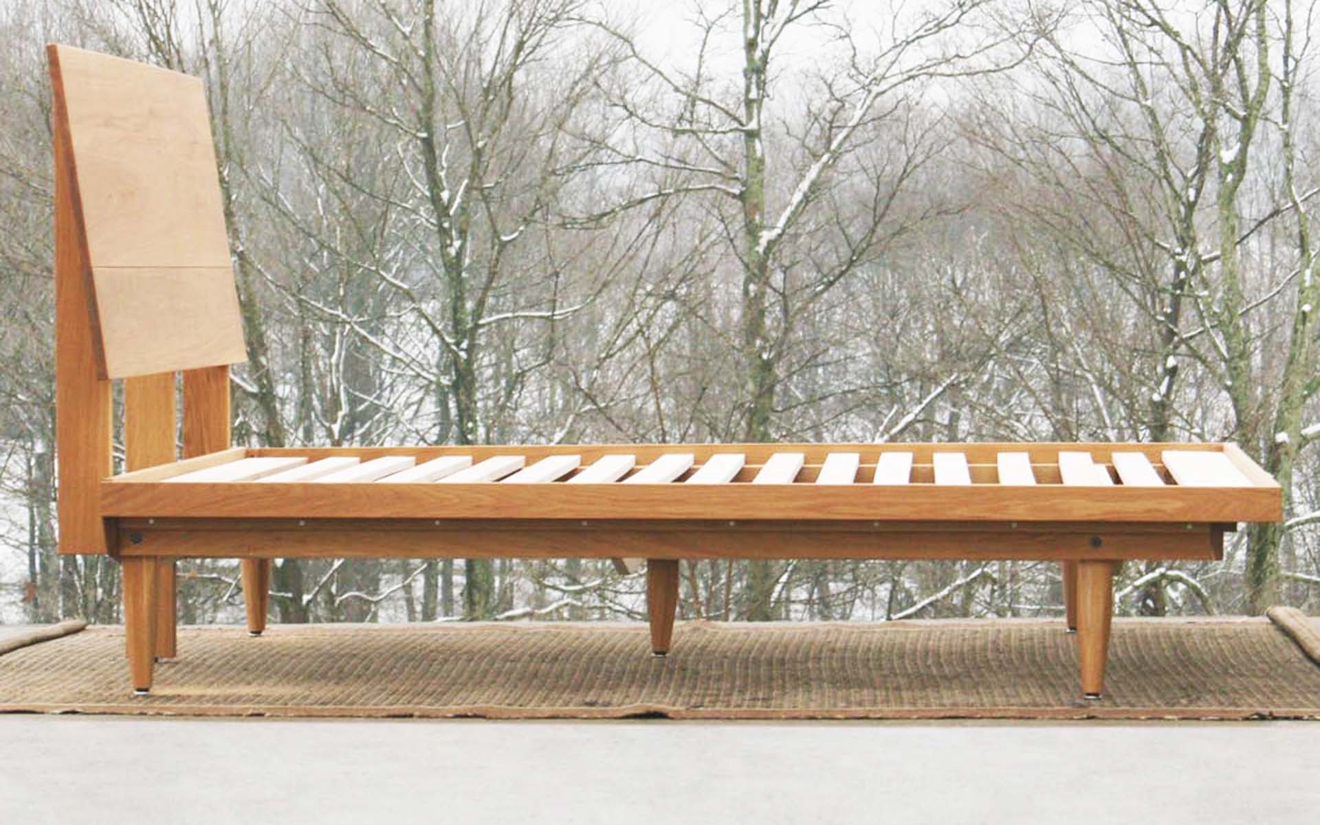 side view Mid Century Platform Bed with Slanted Headboard