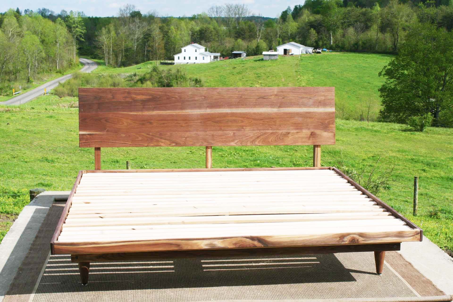 front view walnut mid century platform bed