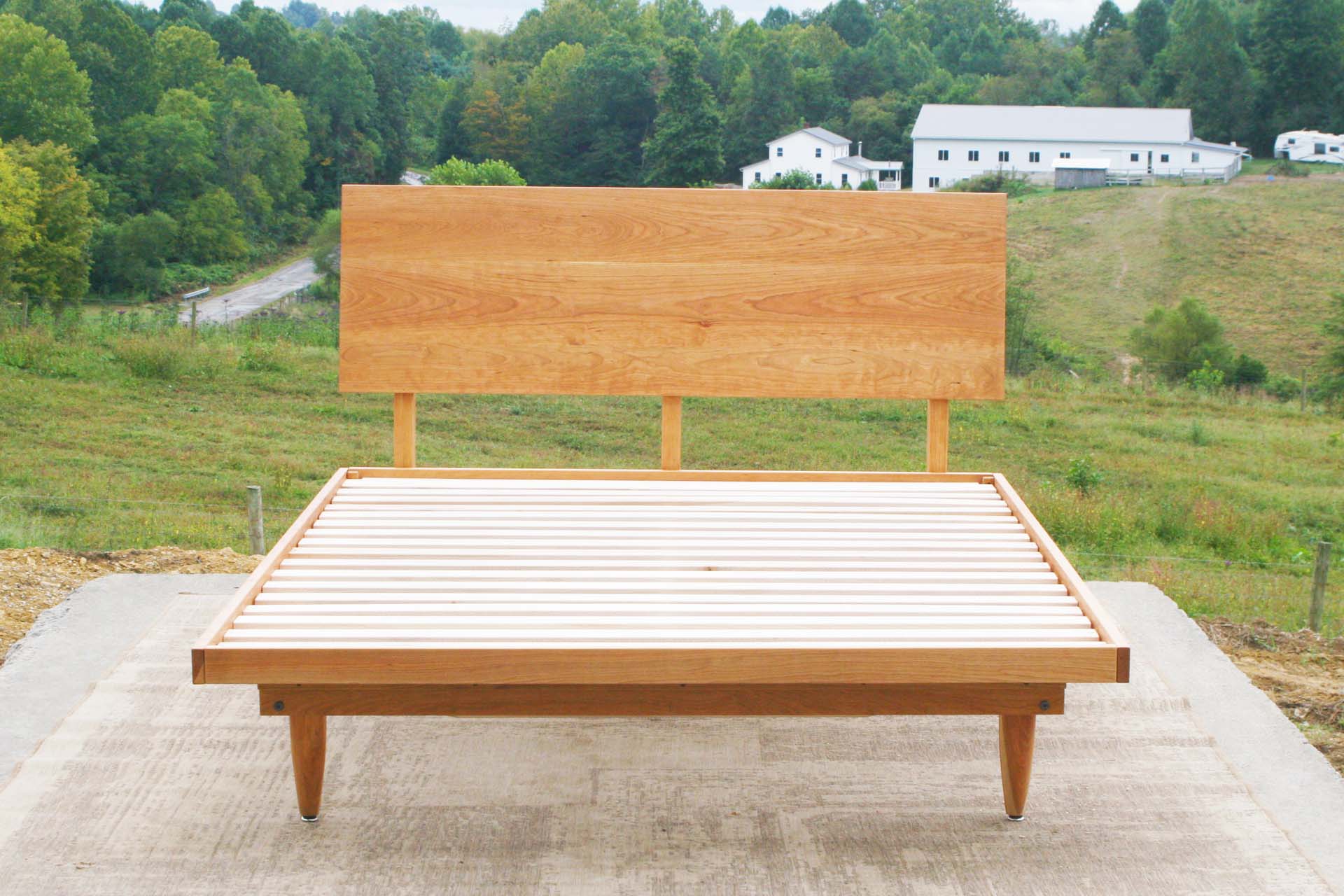 natural Mid Century Platform Bed with Slanted Headboard