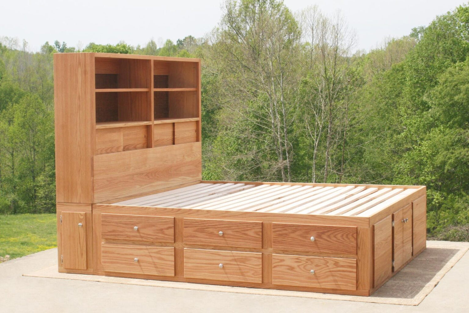 captains bed with bookcase headboard red oak