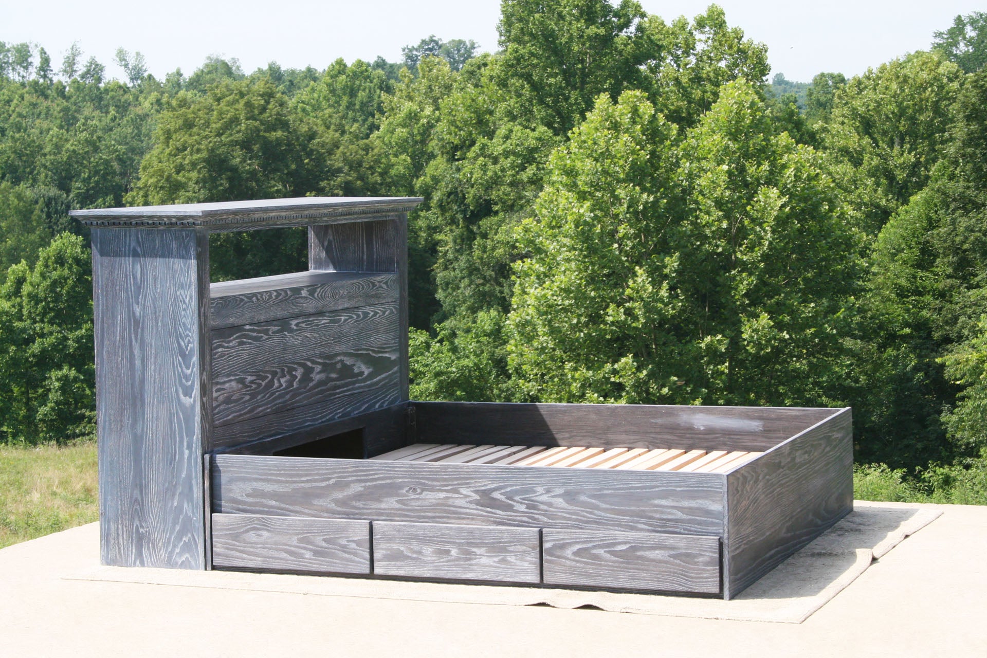 side view Platform bed with 6 drawers and storage headboard