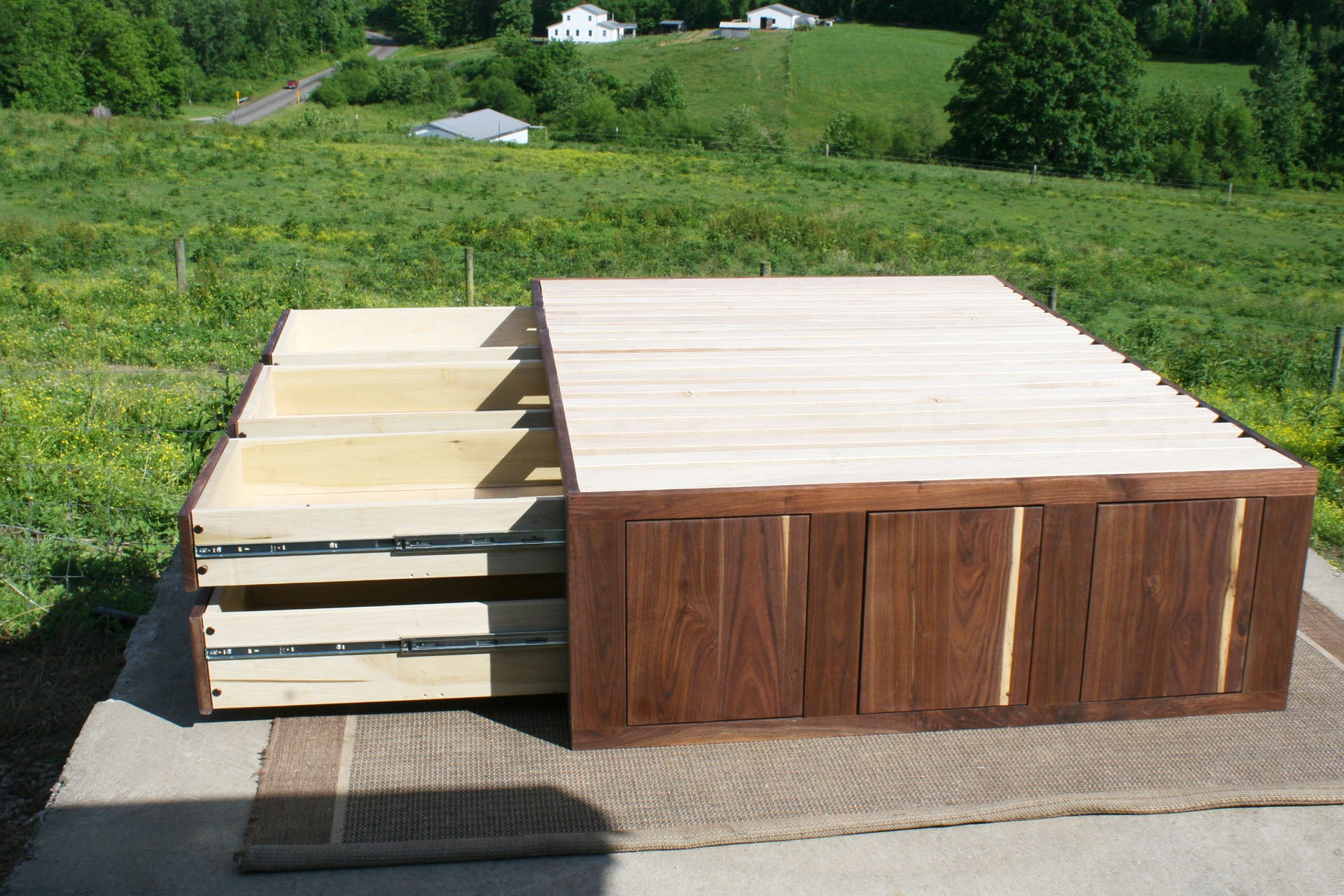 front view natural drawers open Mates bed with 6 drawers on 1 side