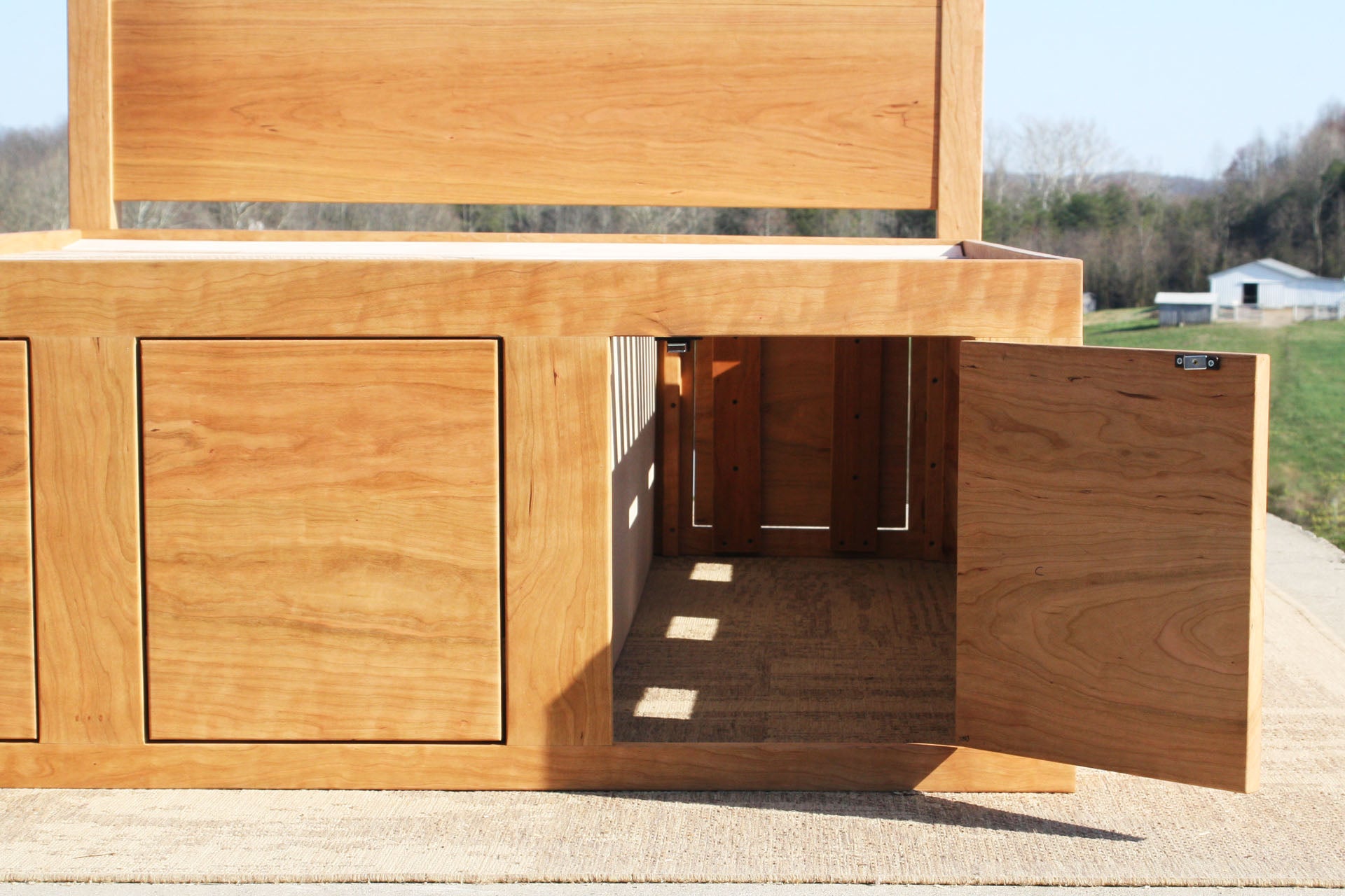 wood Mates bed with 6 drawers on 1 side close view little drawer open