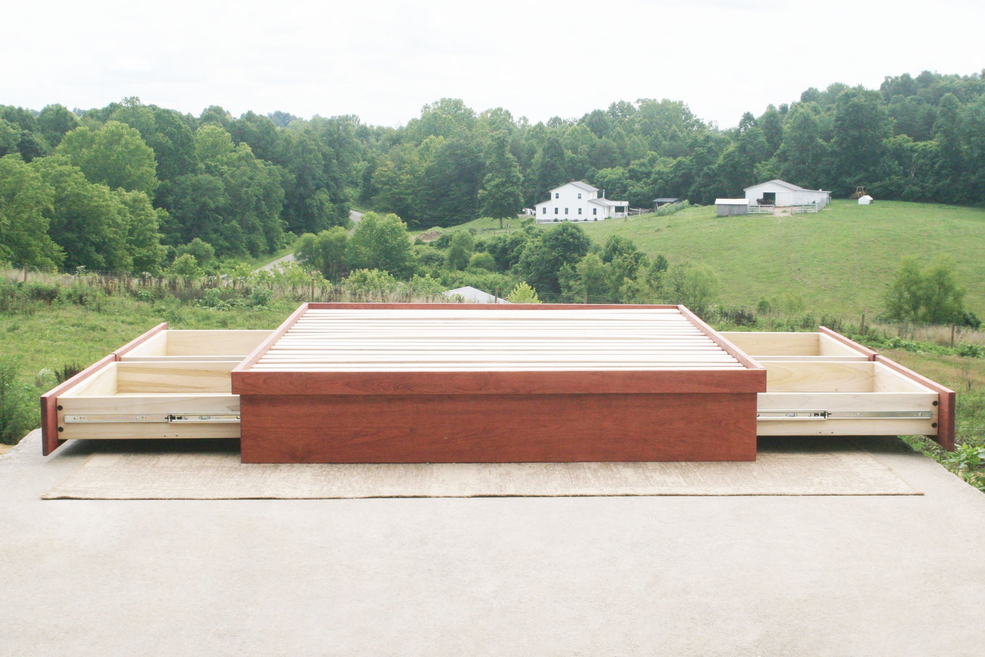front view natural Low storage bed with 4 drawers out