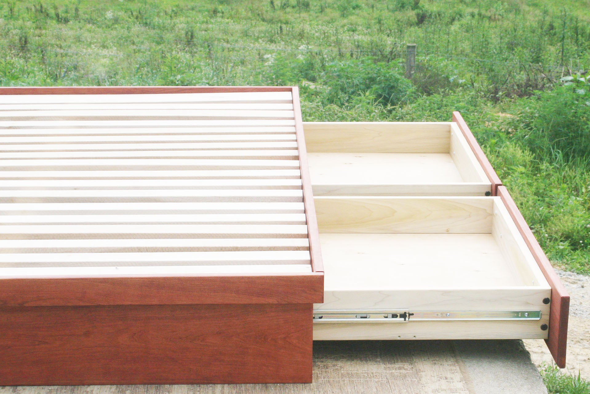 natural Low storage bed with 4 drawers 2 drawers out