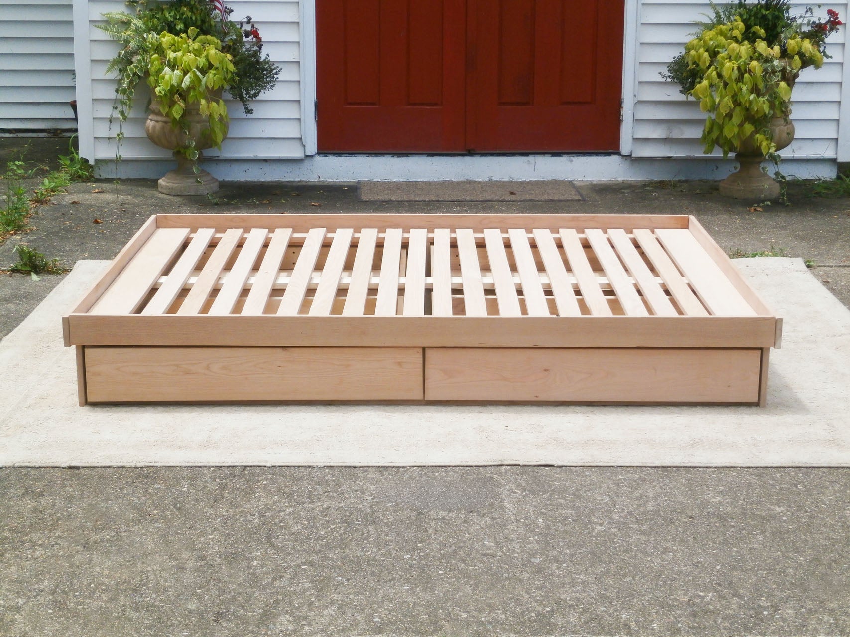 side view wood Low storage bed with 4 drawers