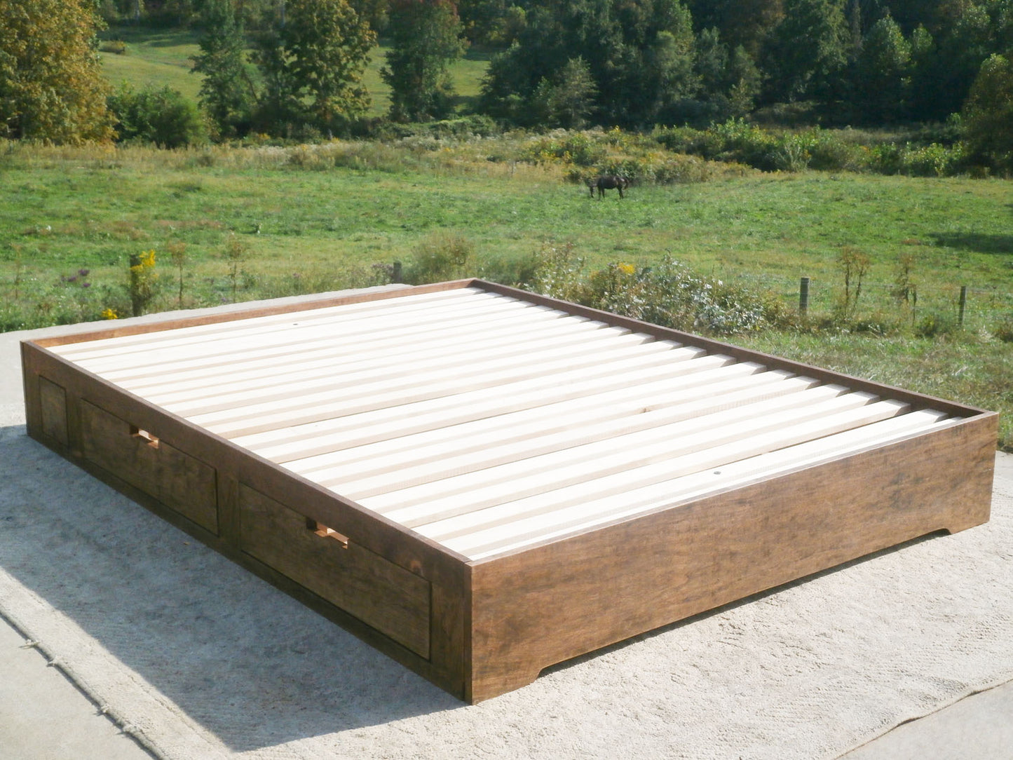 front angled view solid Low profile storage bed with 4 drawers