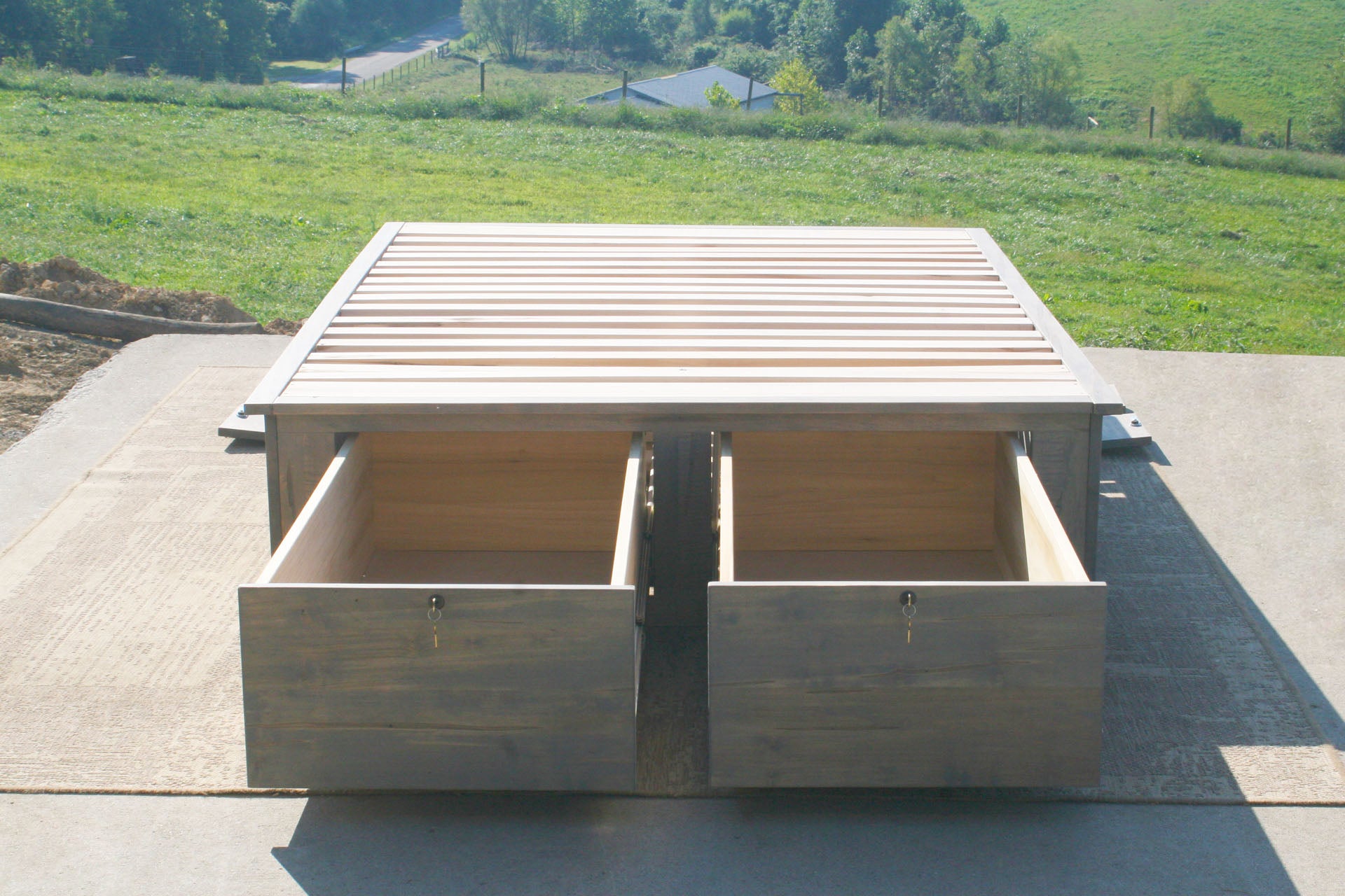 storage platform bed front view with drawers open