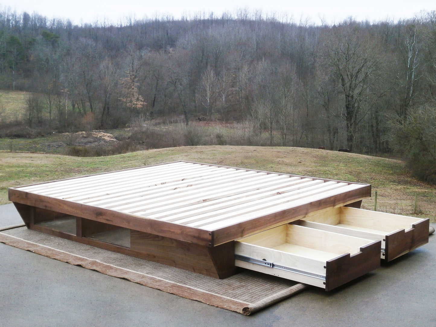 drawers open low Platform Bed with angled base and 2 drawers angled view