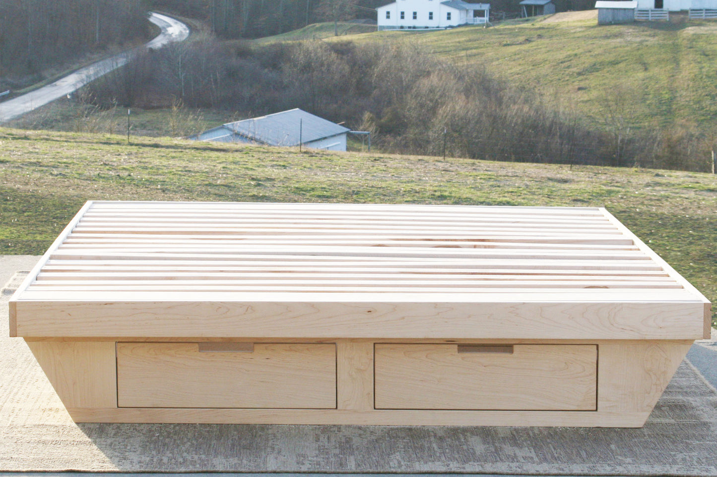 front view natural low Platform Bed with angled base and 2 drawers