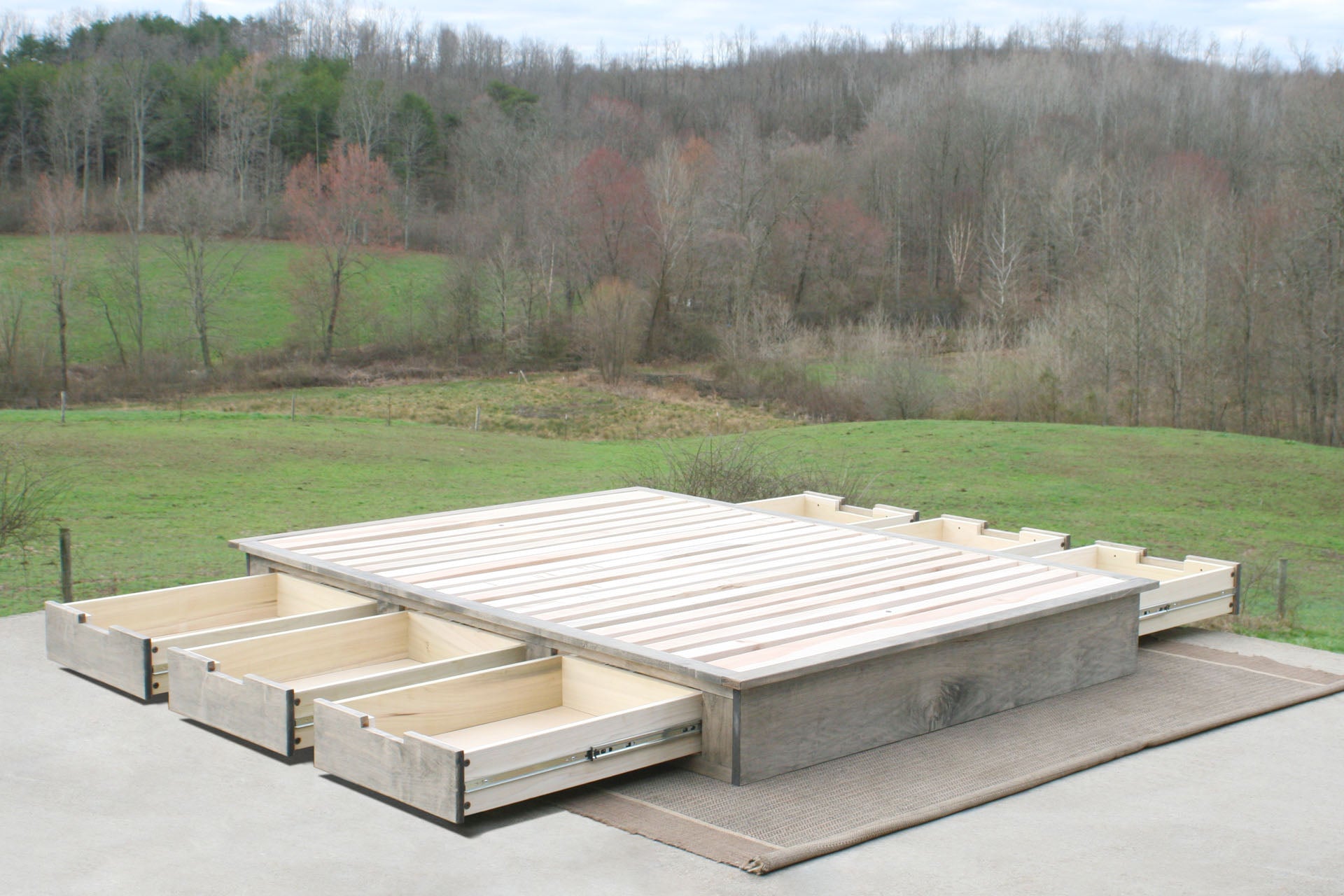 side angled view Low Platform Bed or Tatami Bed with 6 drawers open