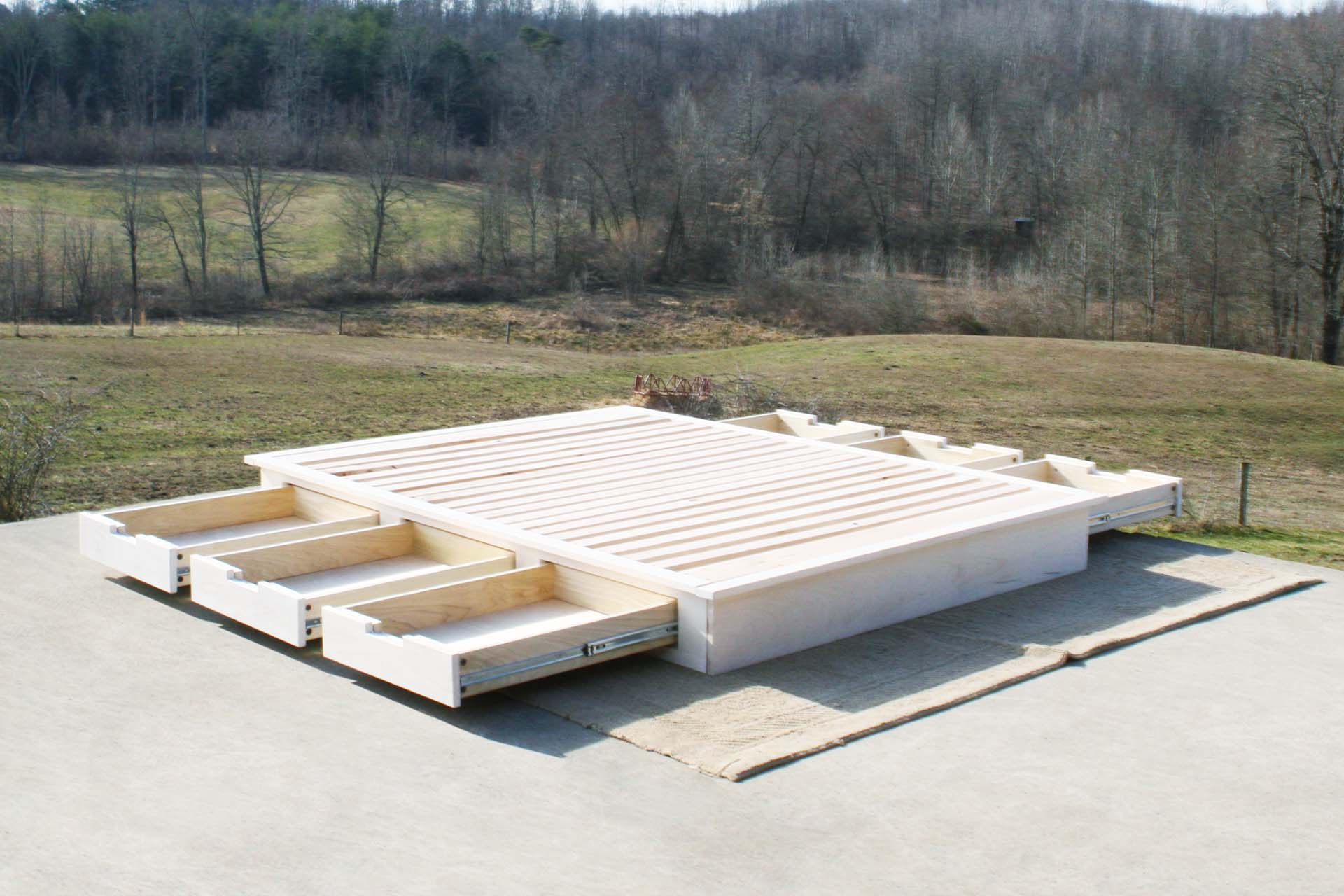 natural Low Platform Bed or Tatami Bed with 6 drawers angled view drawers out