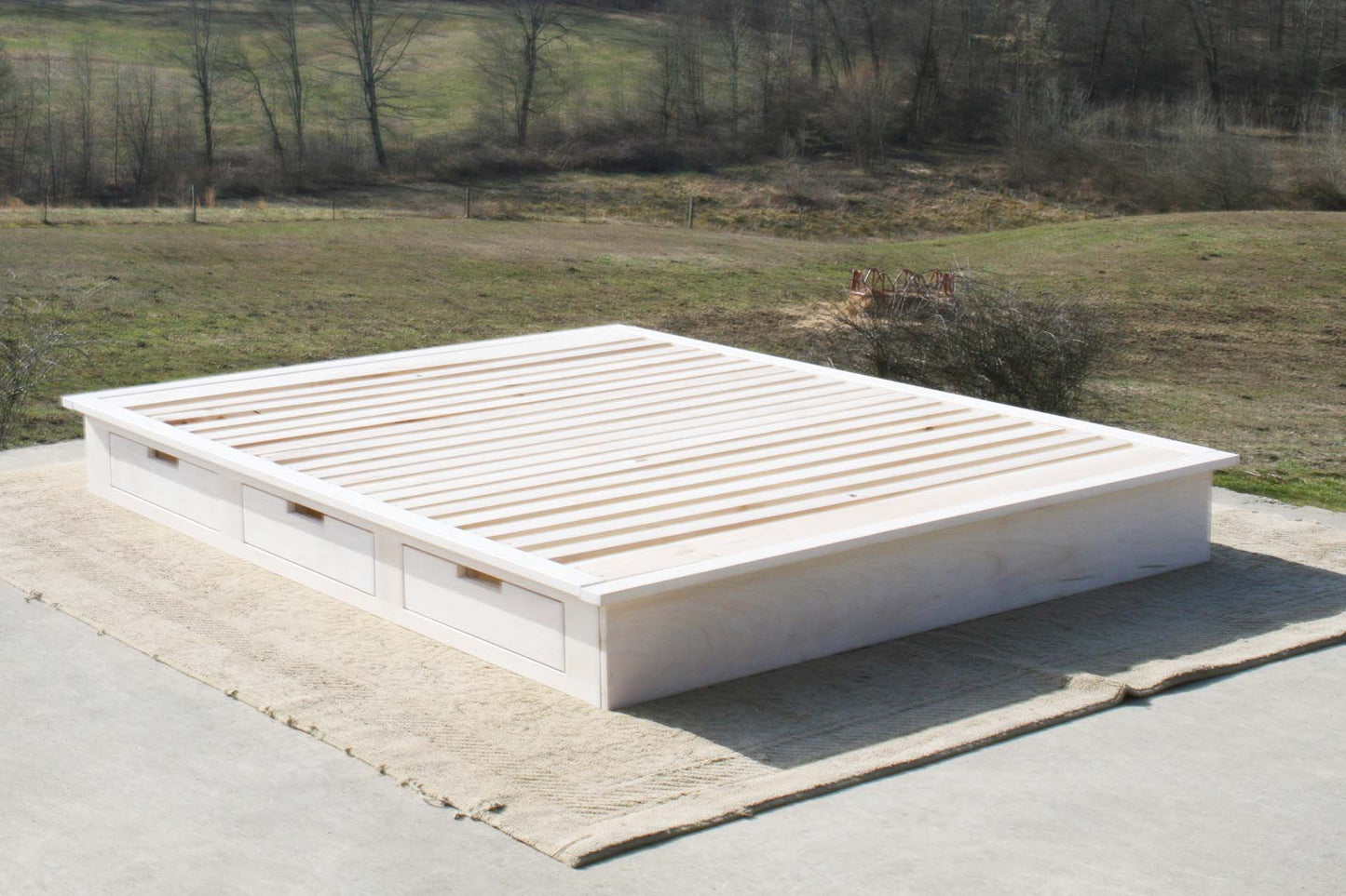 angled view natural Low Platform Bed or Tatami Bed with 6 drawers