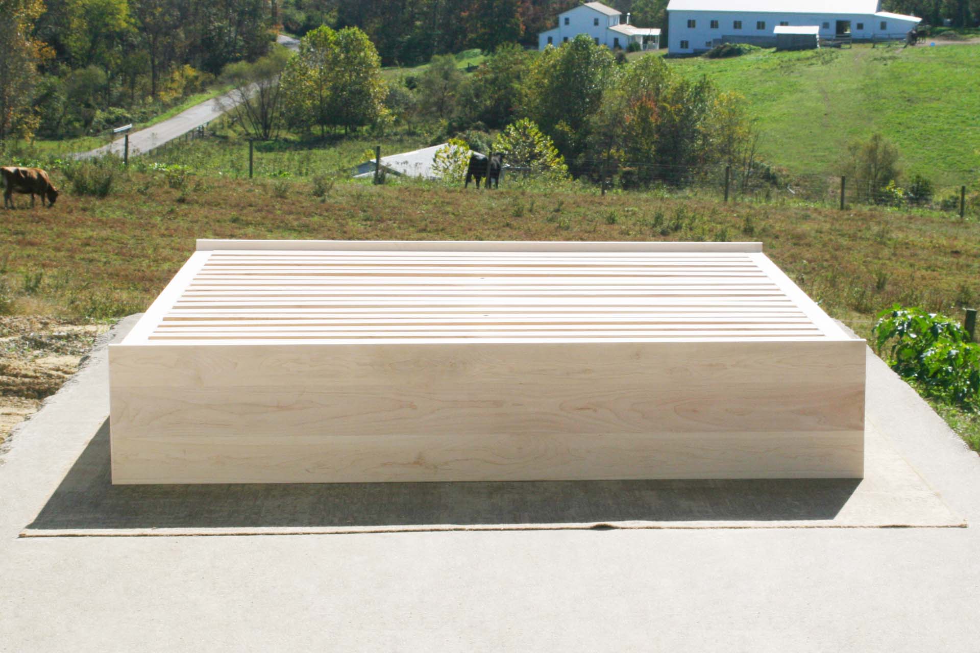 custom natural Platform bed with drawers front view