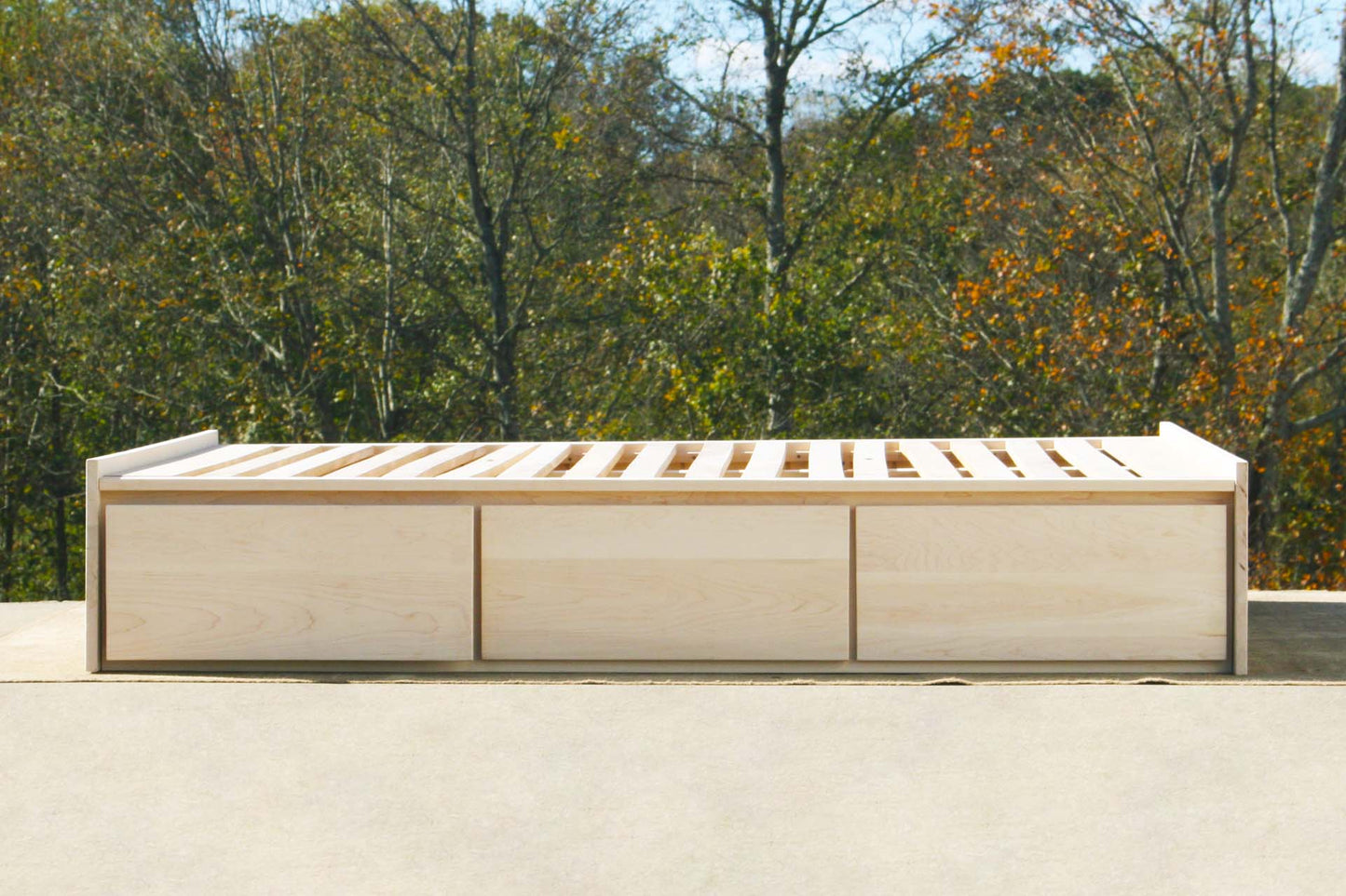 custom natural Platform bed with drawers front view