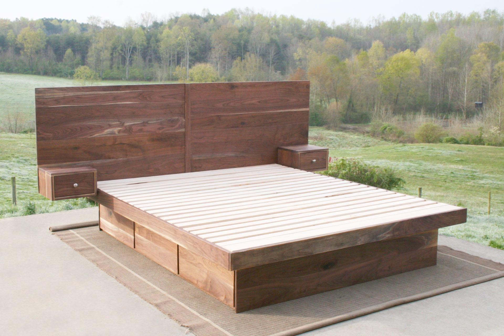 angled view natural custom Storage bed frame with headboard and nightstands
