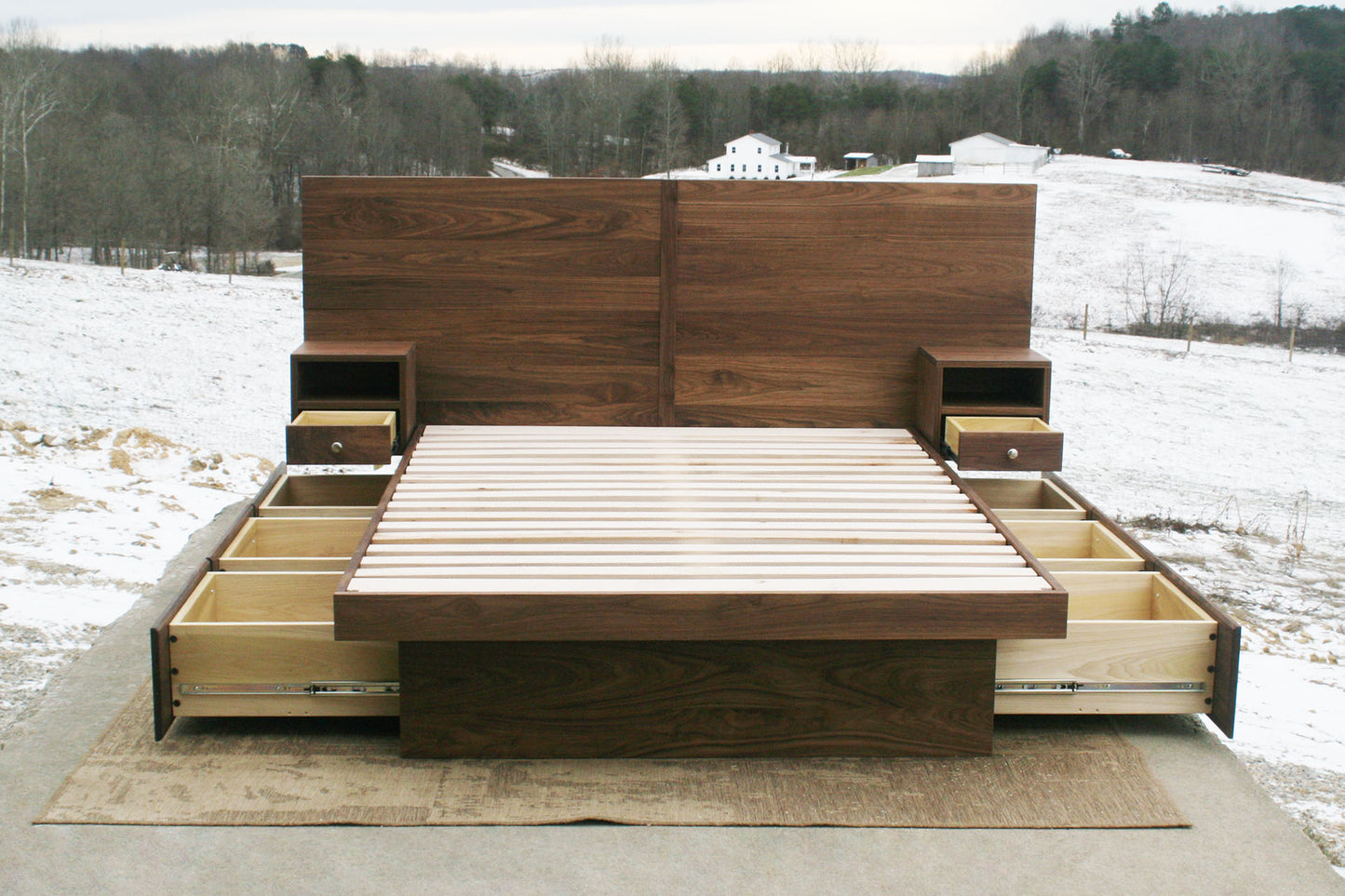 front view solid custom drawers open Storage bed frame with headboard and nightstands