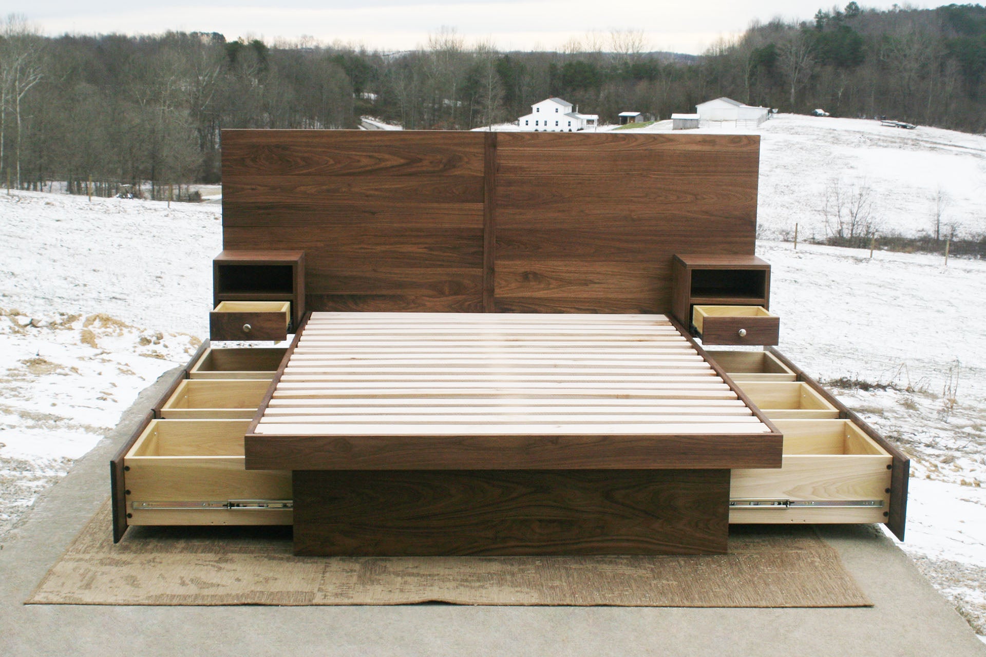 front view solid custom drawers open Storage bed frame with headboard and nightstands
