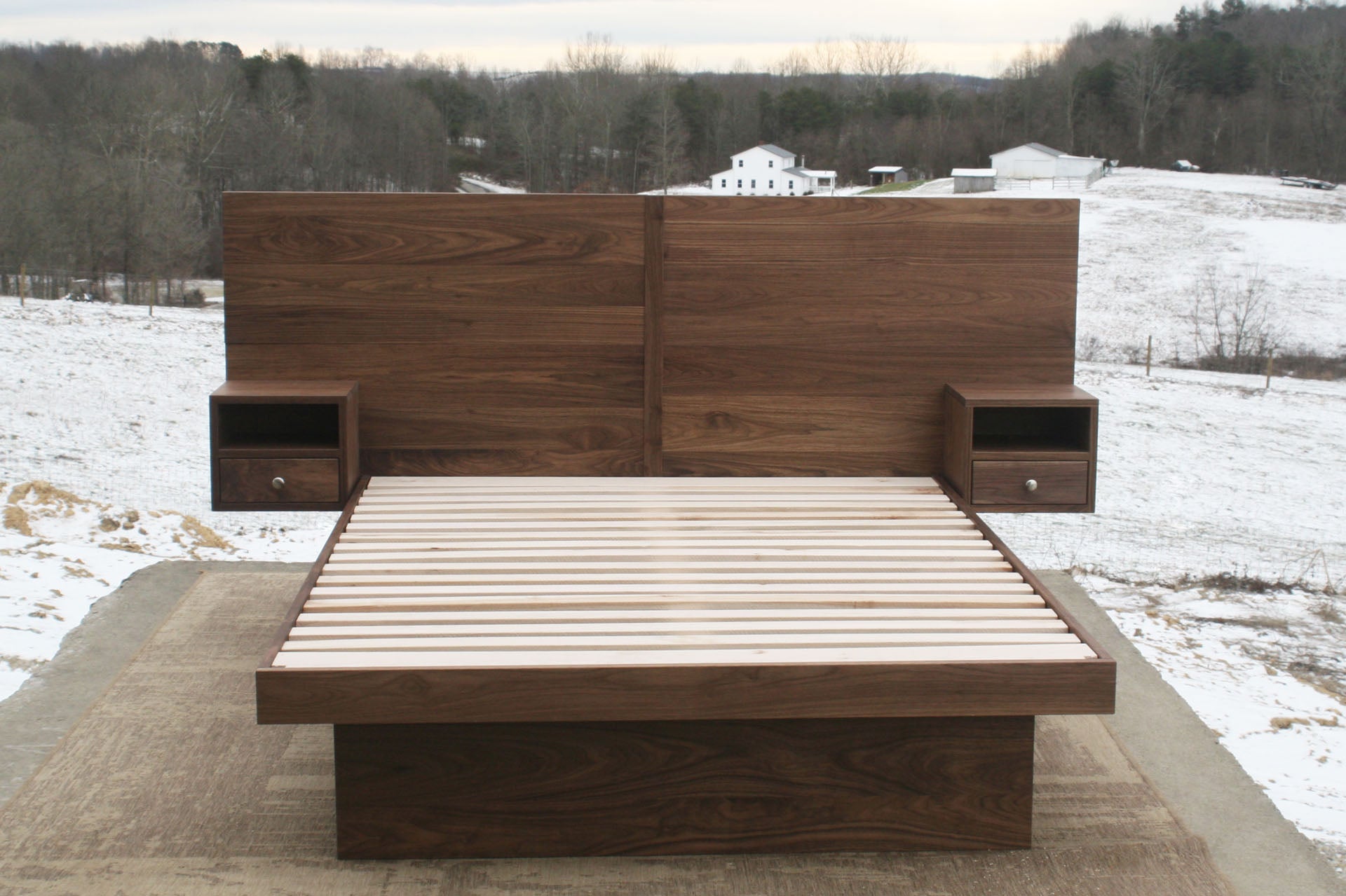 front view solid custom Storage bed frame with headboard and nightstands