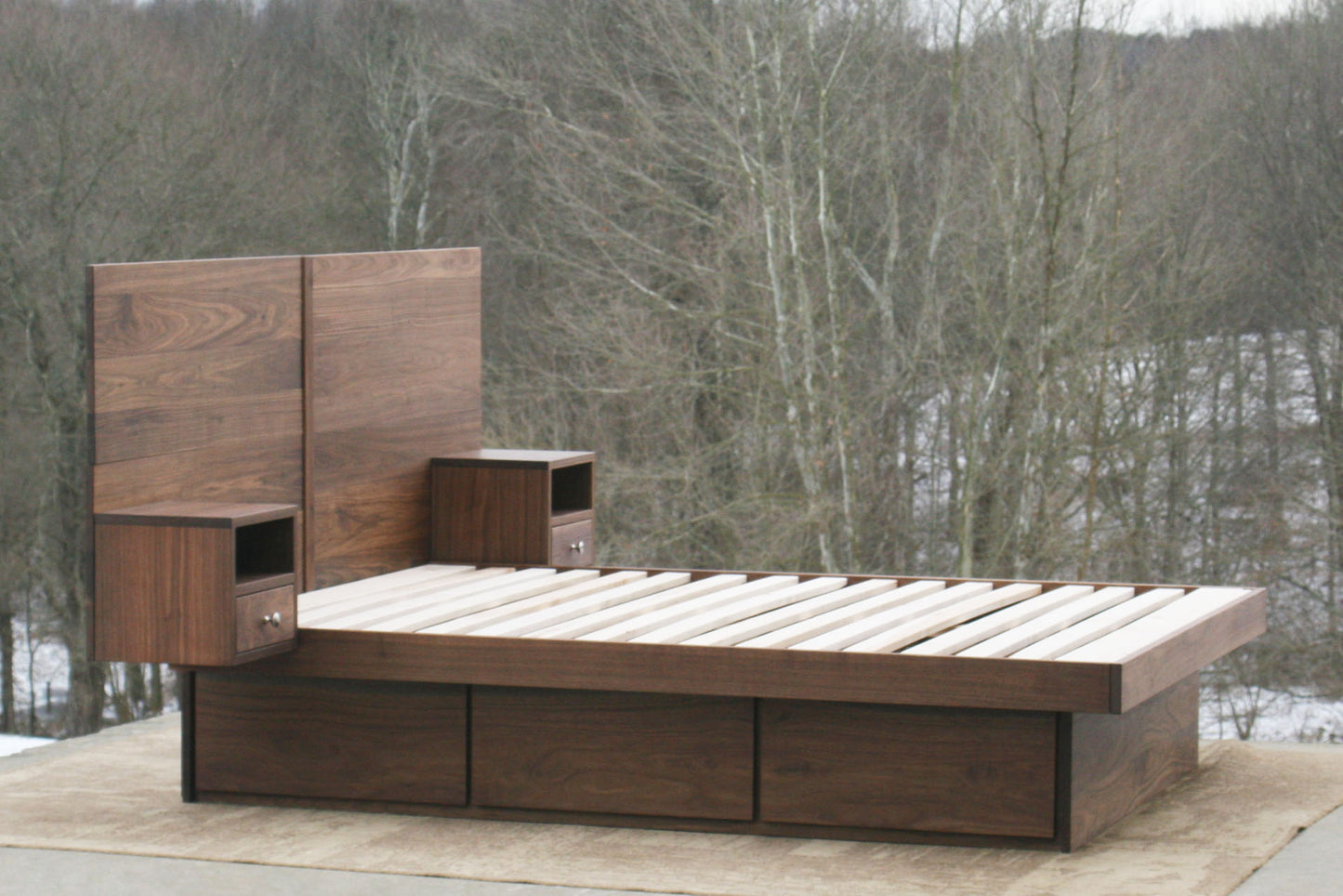 side view solid custom Storage bed frame with headboard and nightstands