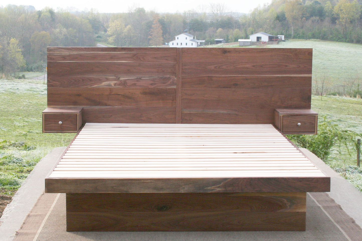 natural custom front view Storage bed frame with headboard and nightstands