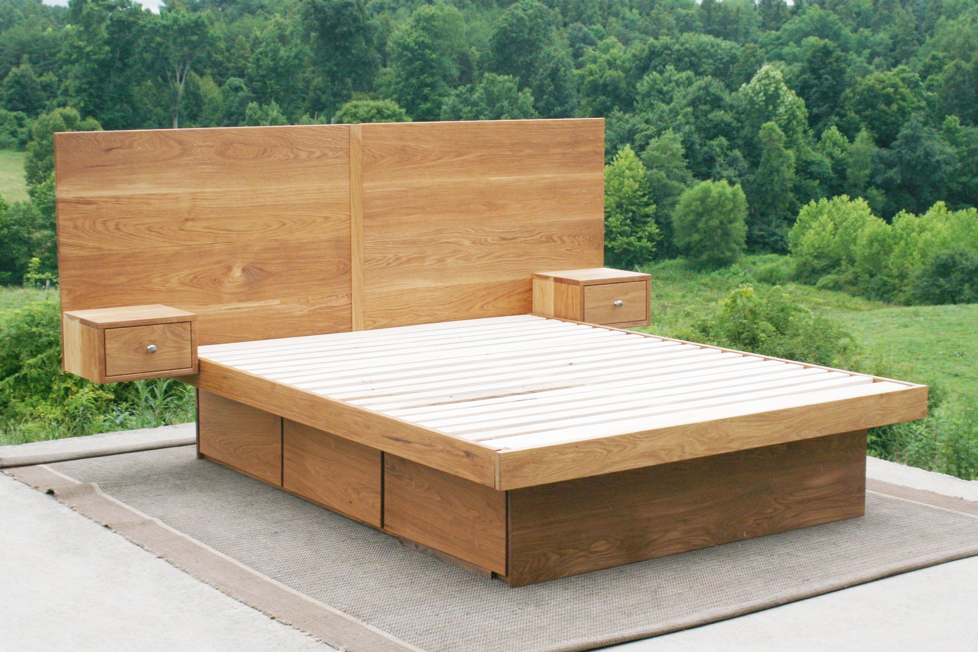 wood angled view Storage bed frame with headboard and nightstands