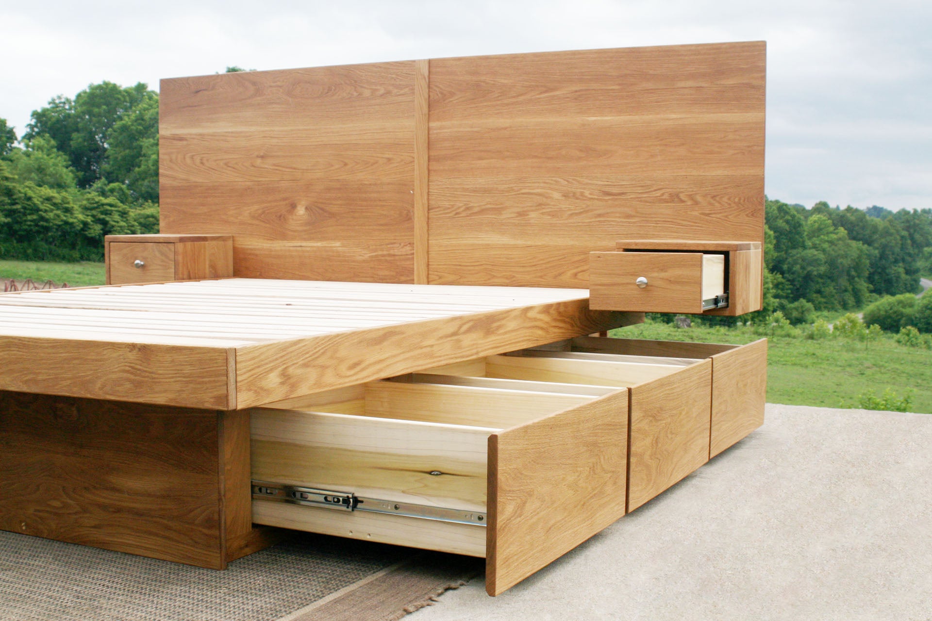 wood angled low view drawers open Storage bed frame with headboard and nightstands