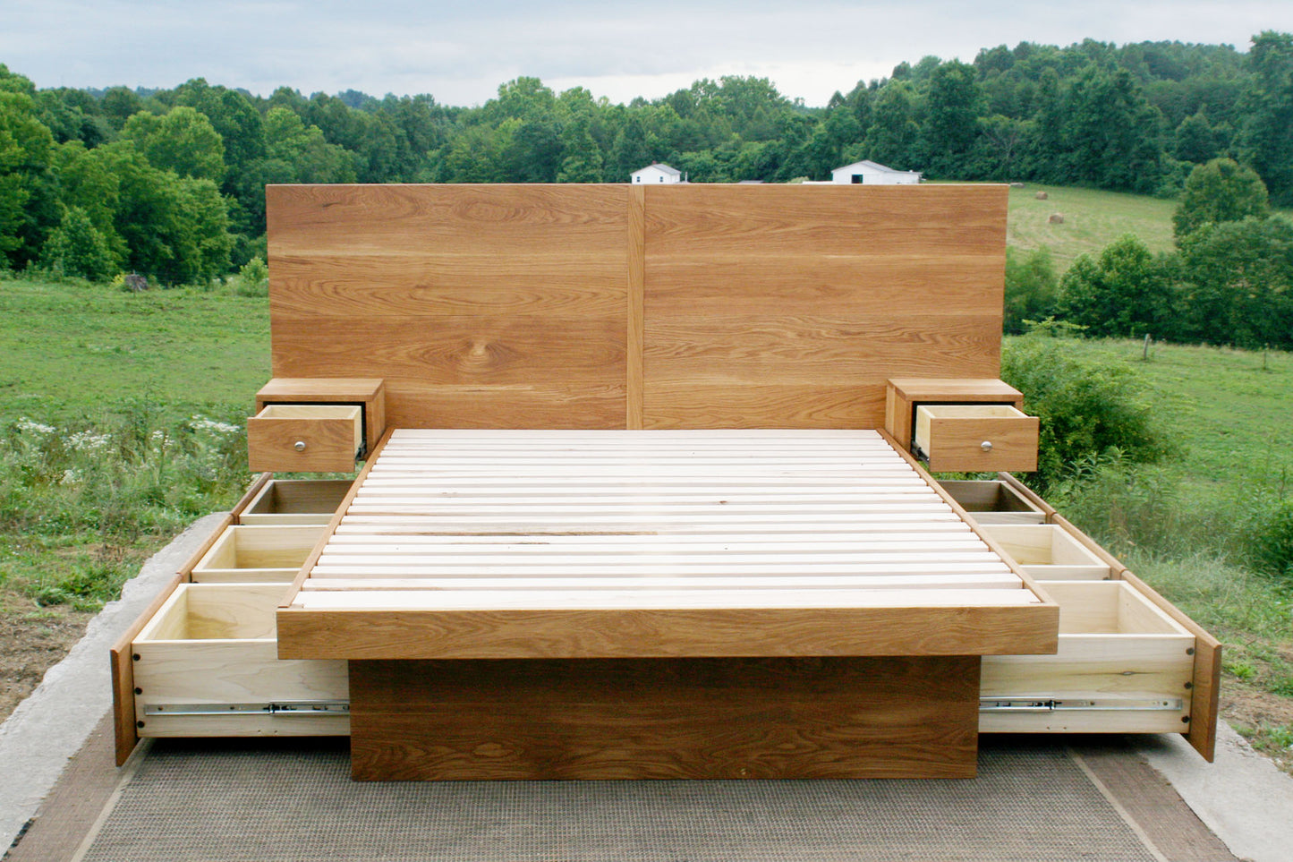 front view drawers open wood Storage bed frame with headboard and nightstands