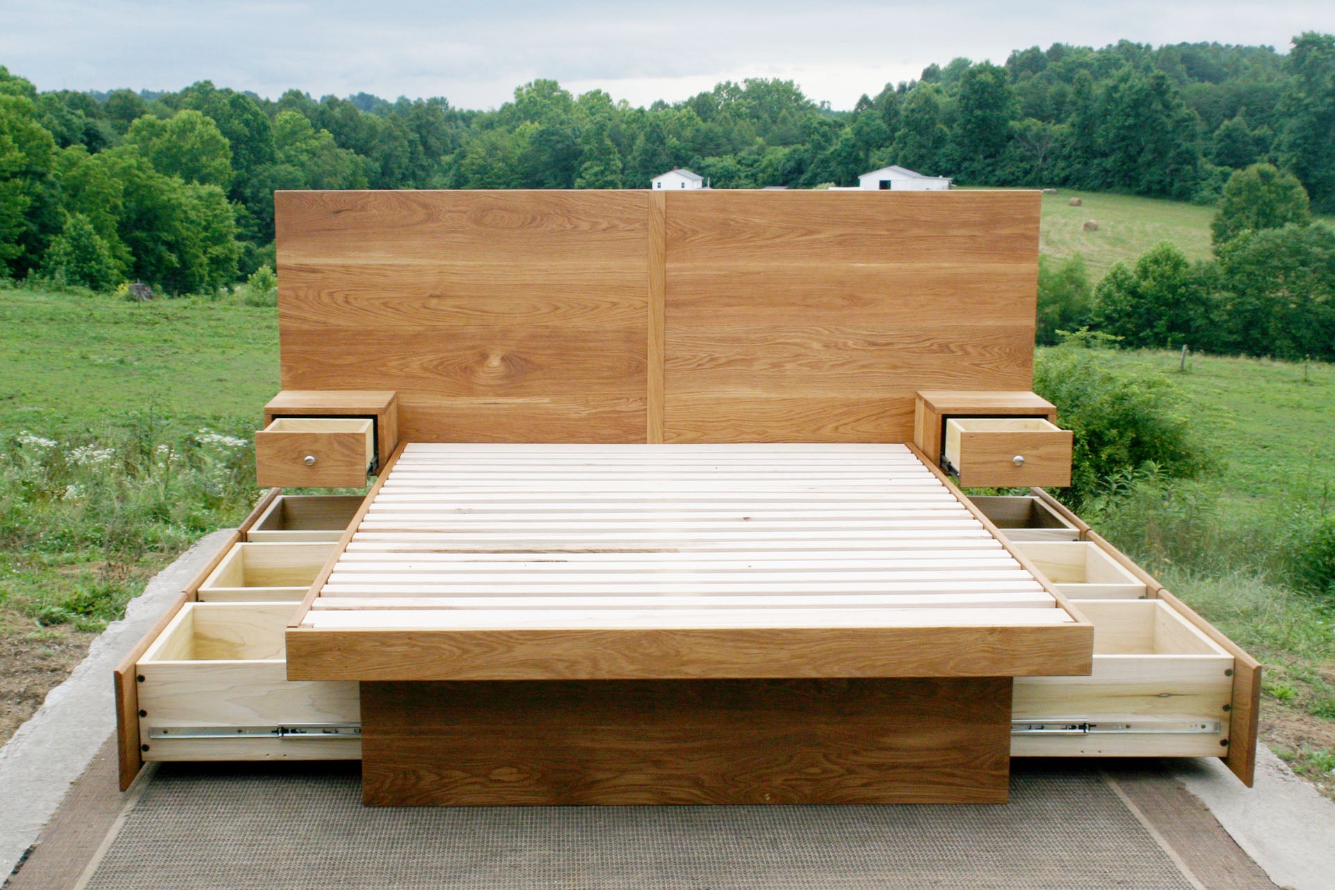 front view drawers open wood Storage bed frame with headboard and nightstands
