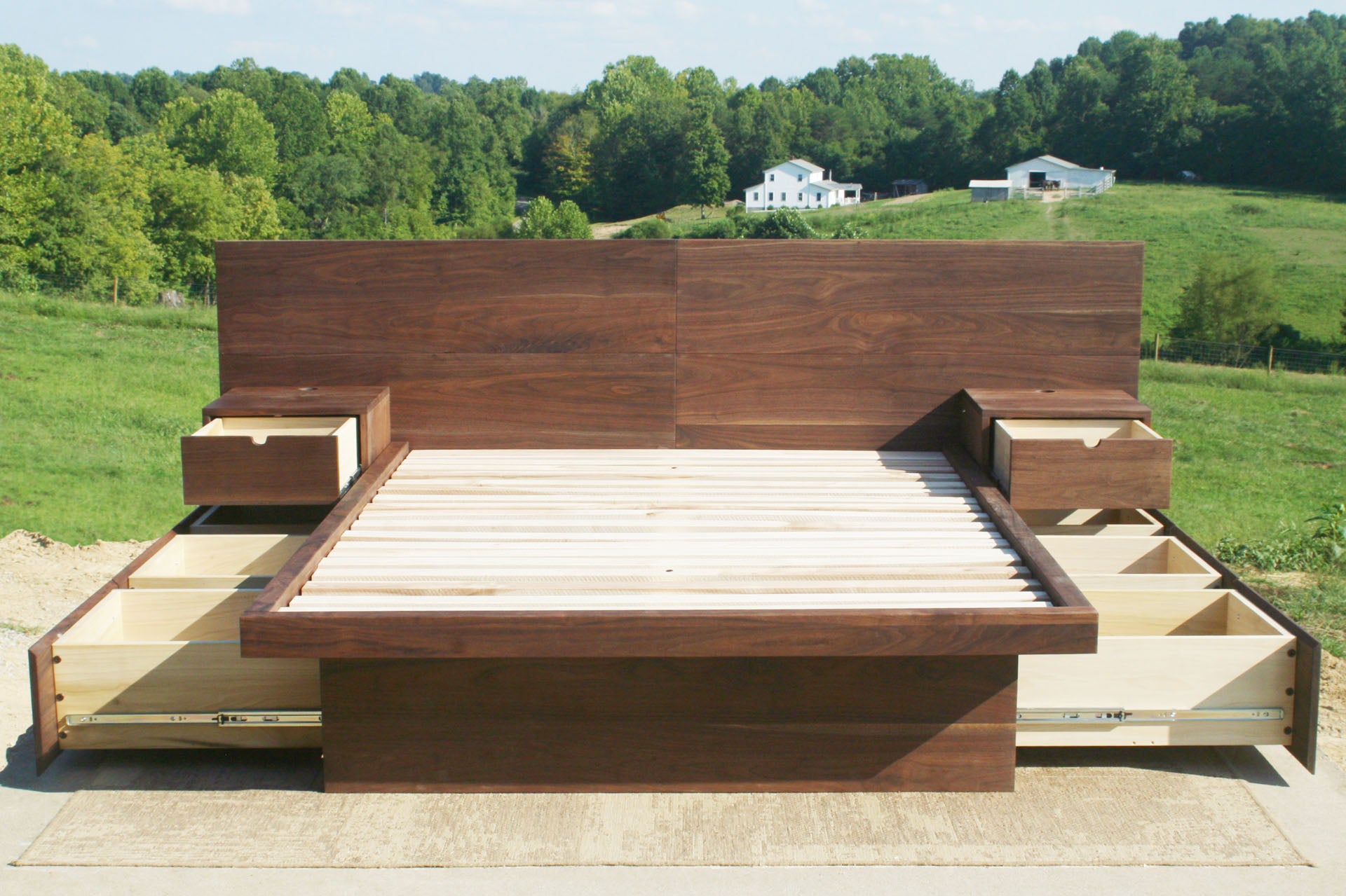 walnut drawers open Storage bed frame with headboard and nightstands