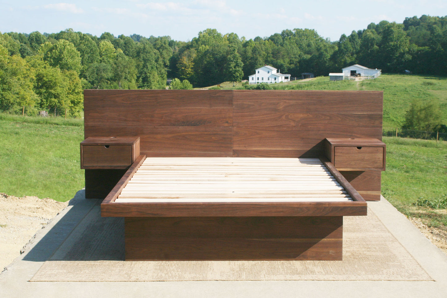 front view walnut Storage bed frame with headboard and nightstands