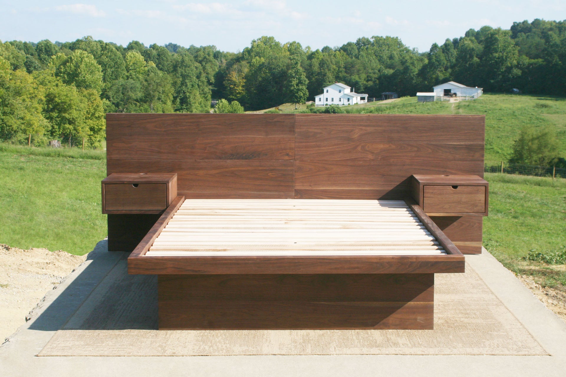 front view walnut Storage bed frame with headboard and nightstands