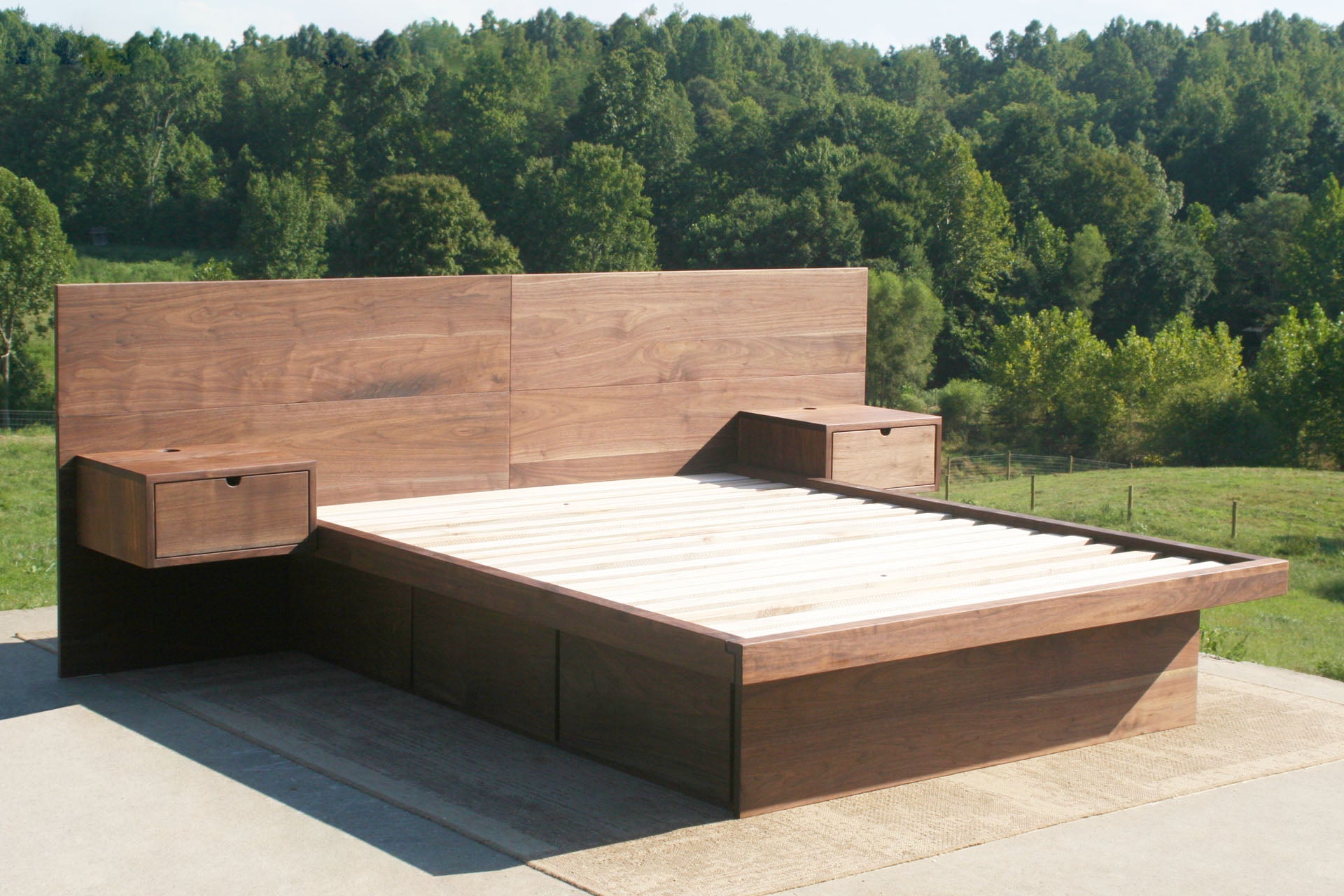 walnut Storage bed frame with headboard and nightstands