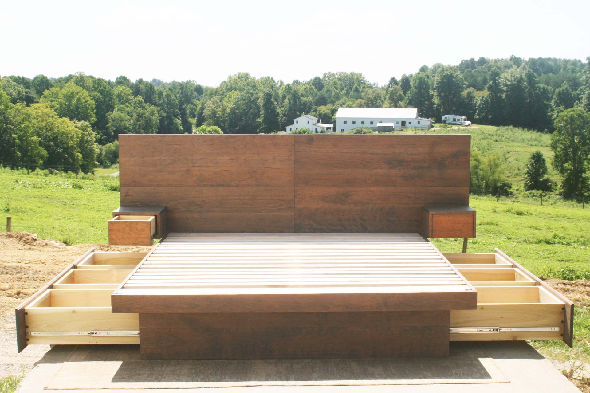 front view natural custom Storage bed frame with headboard and nightstands with drawers open