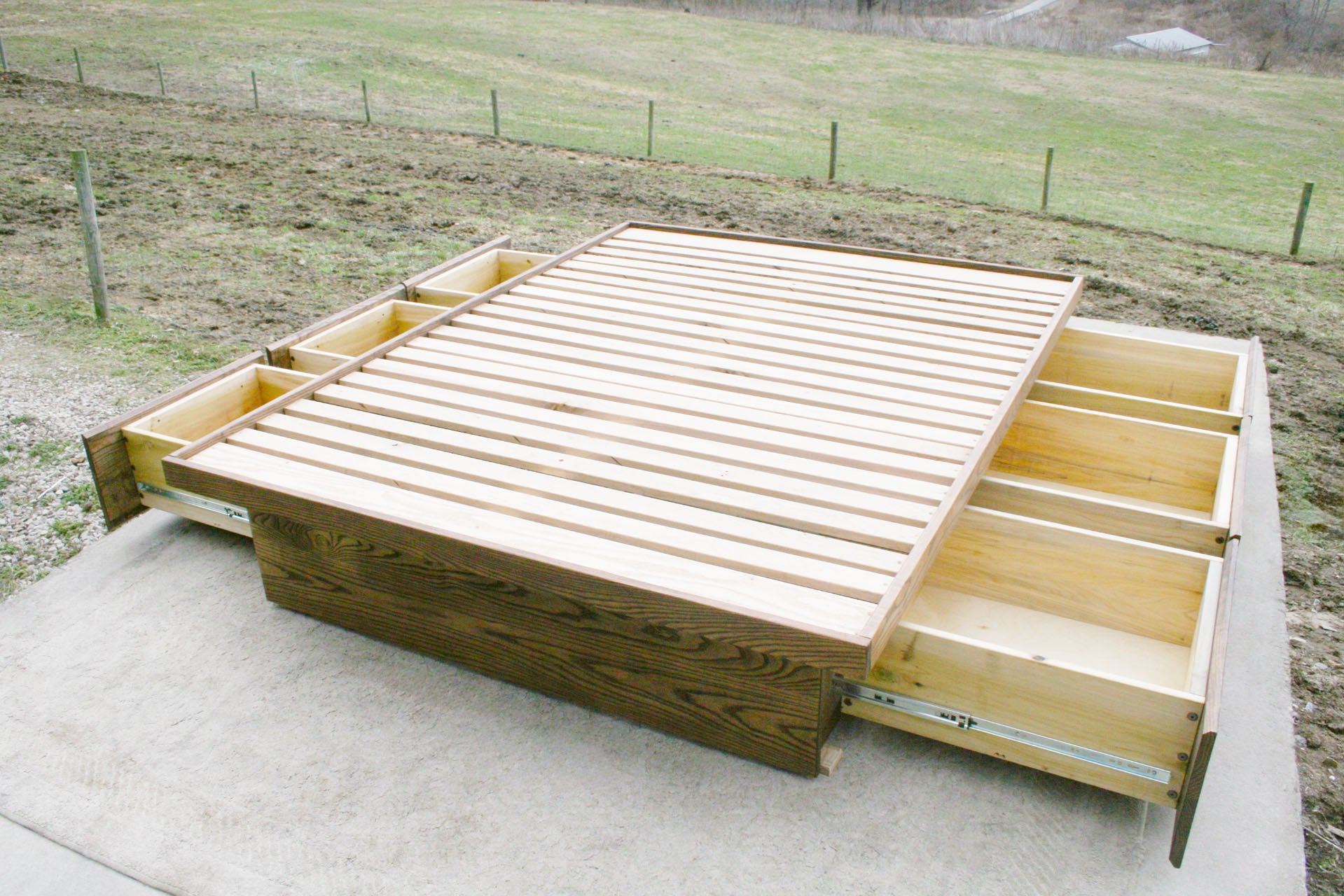 natural wood drawers open Platform Bed with 6 drawers