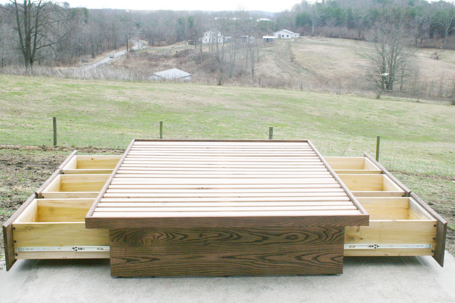 front view drawers open wood Platform Bed with 6 drawers