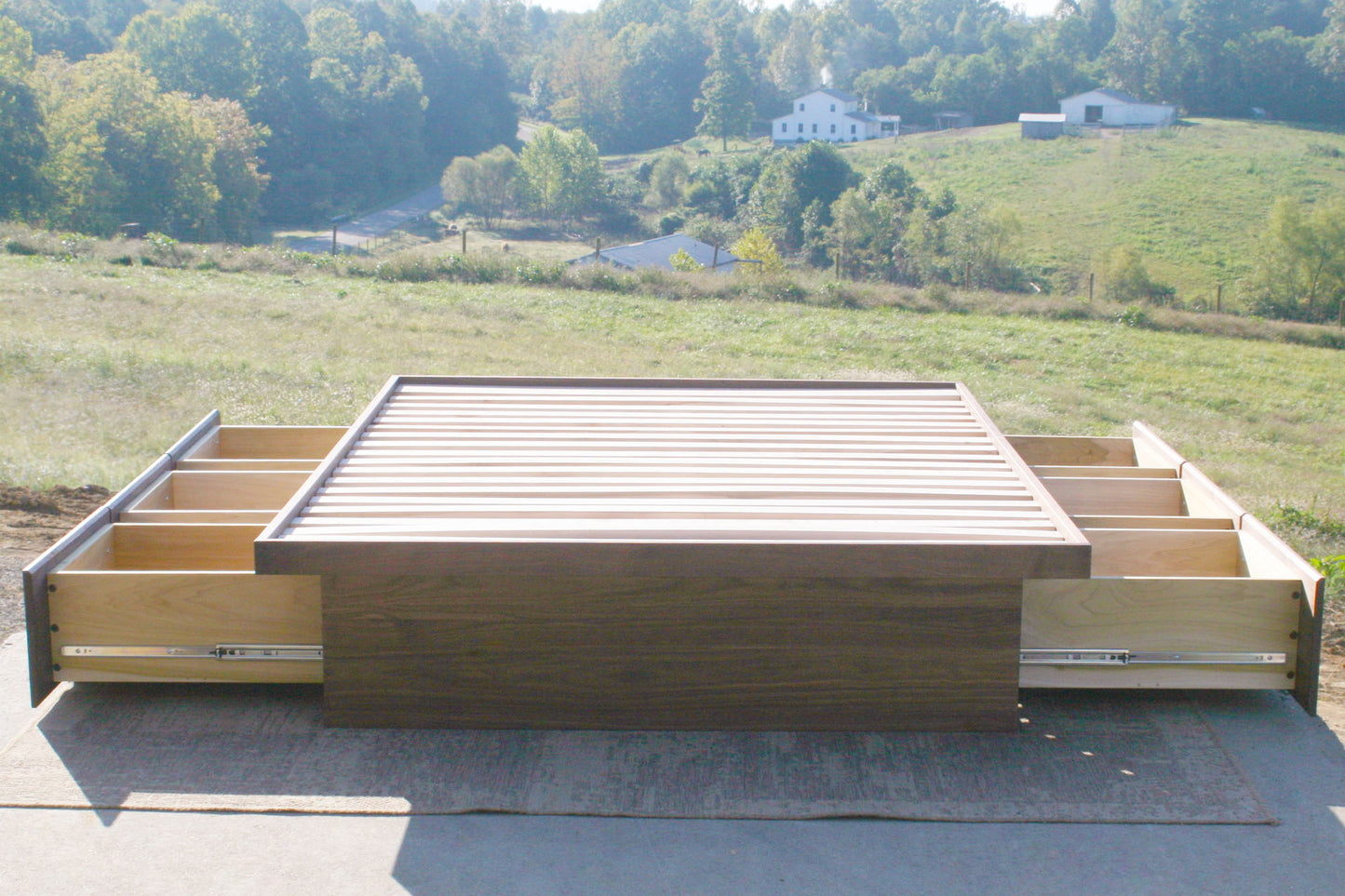 platform bed with 6 drawers open front view