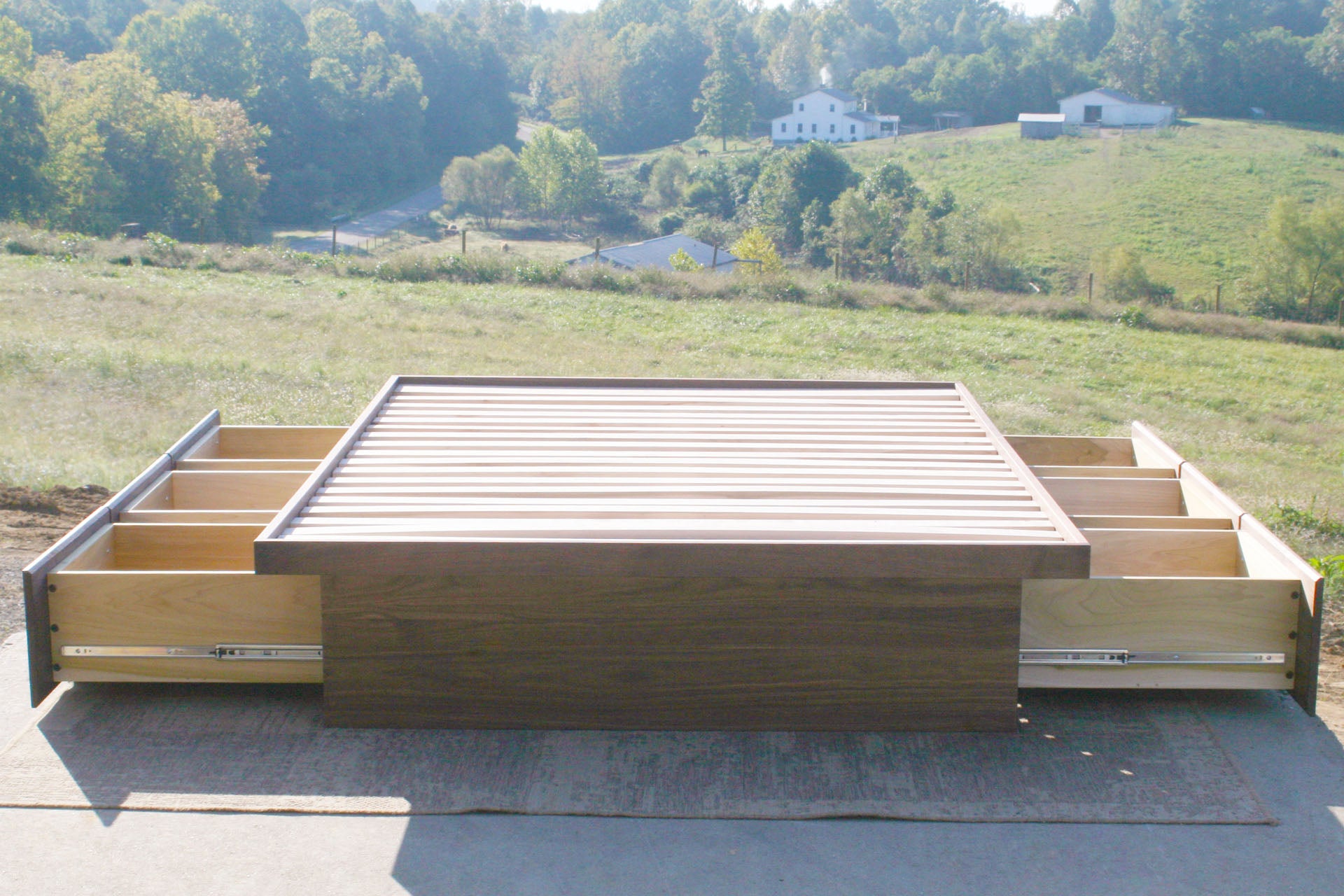 platform bed with 6 drawers open front view