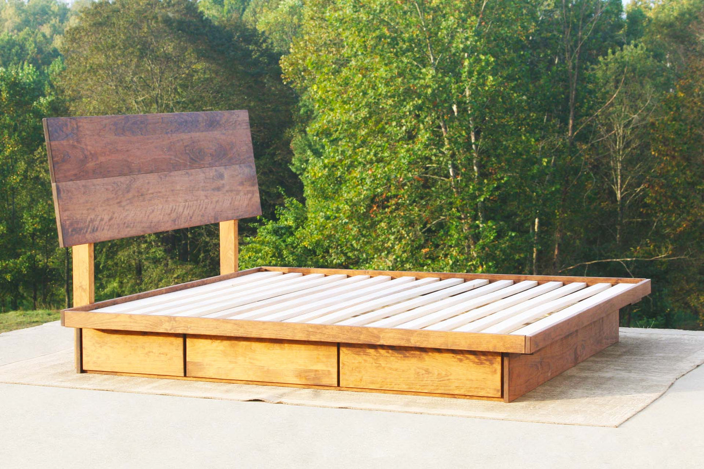 angled view natural Low Platform Bed with 6 Drawers