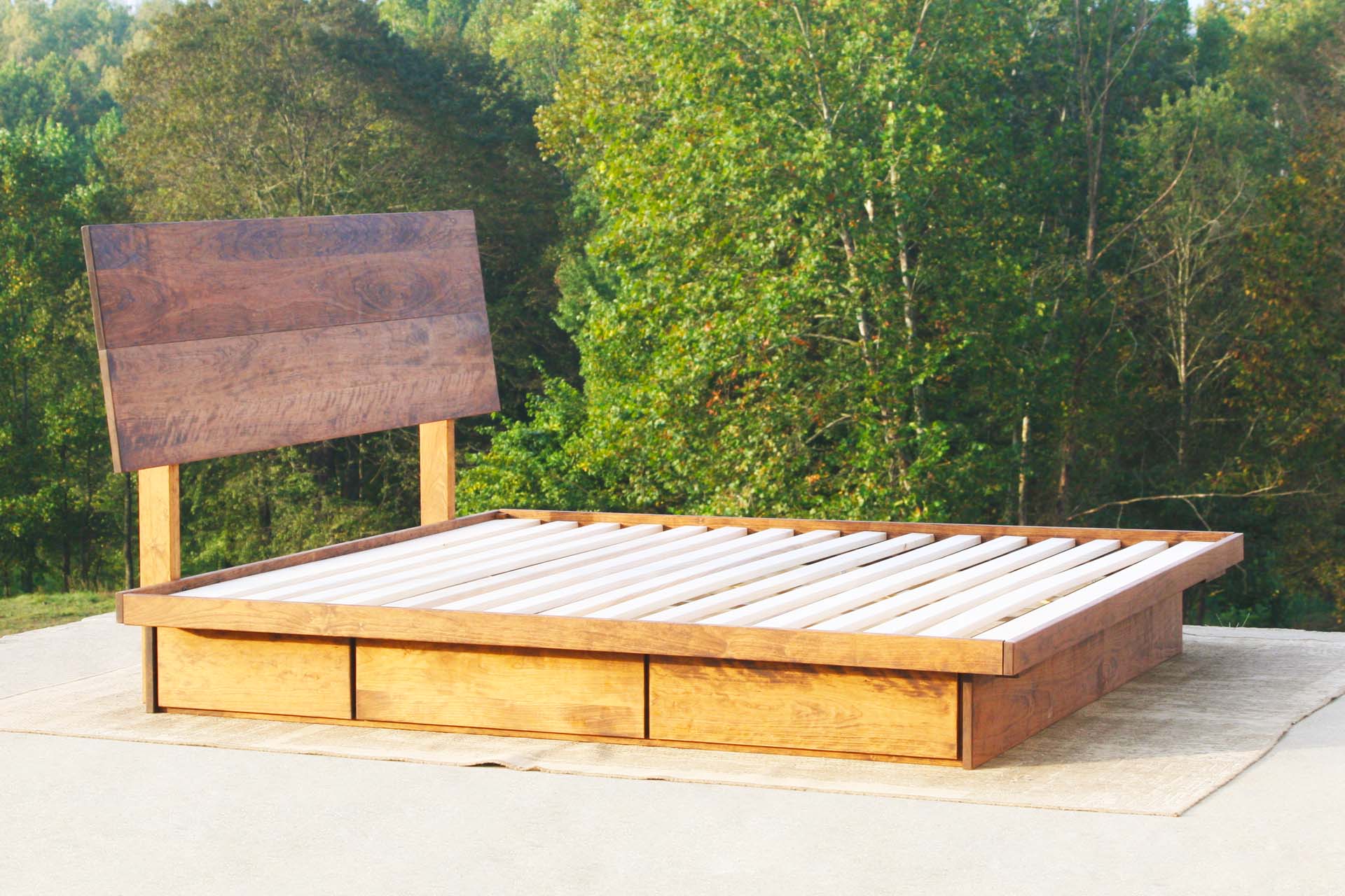 angled view natural Low Platform Bed with 6 Drawers