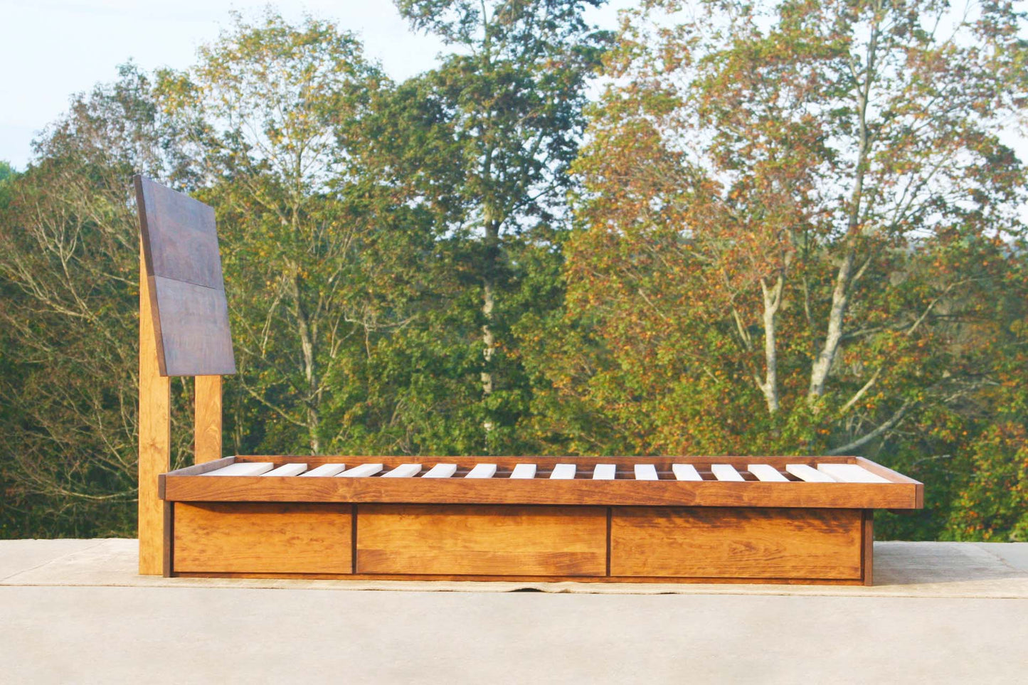 side view natural Low Platform Bed with 6 Drawers