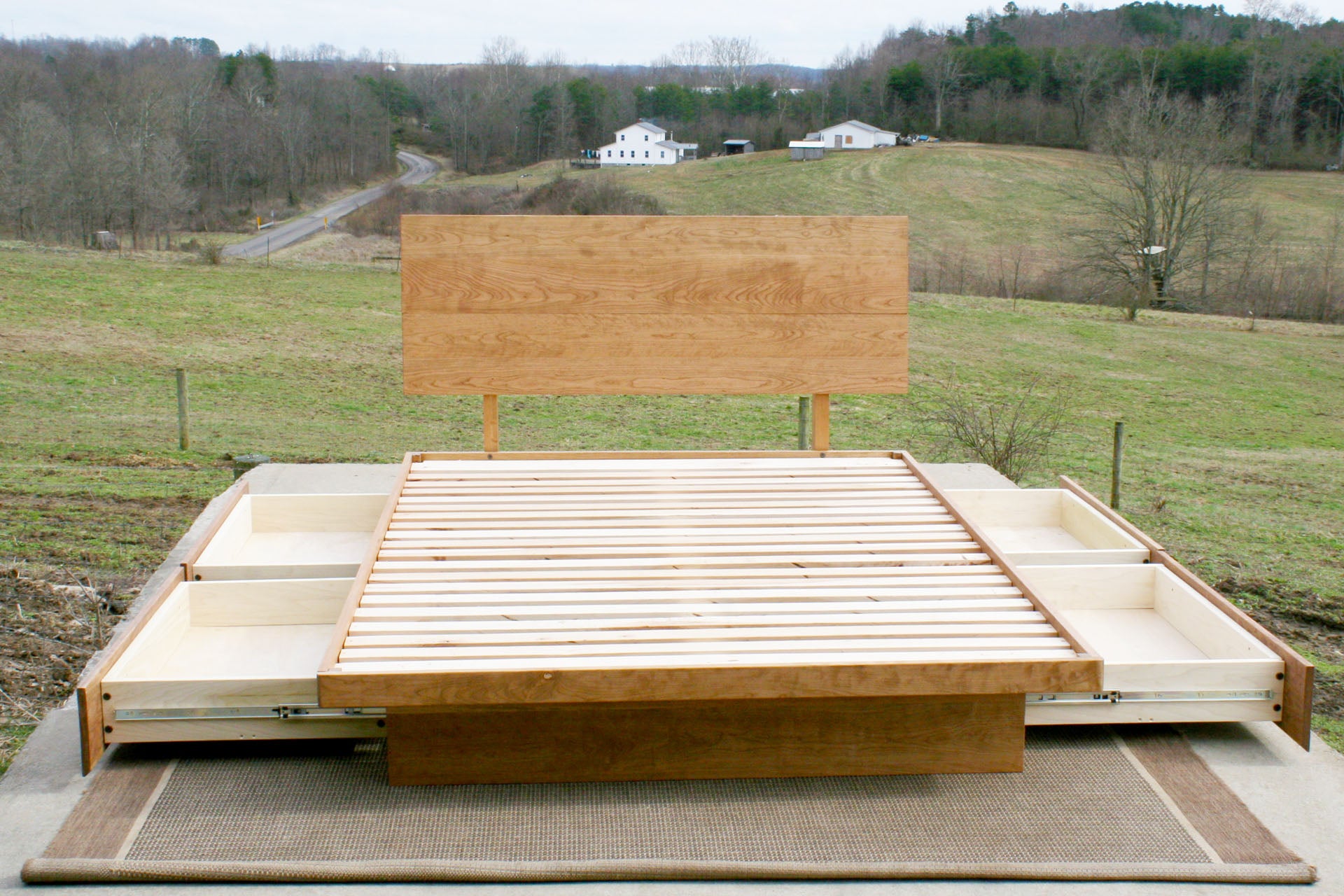 front view drawers out Low platform storage bed with 4 drawers