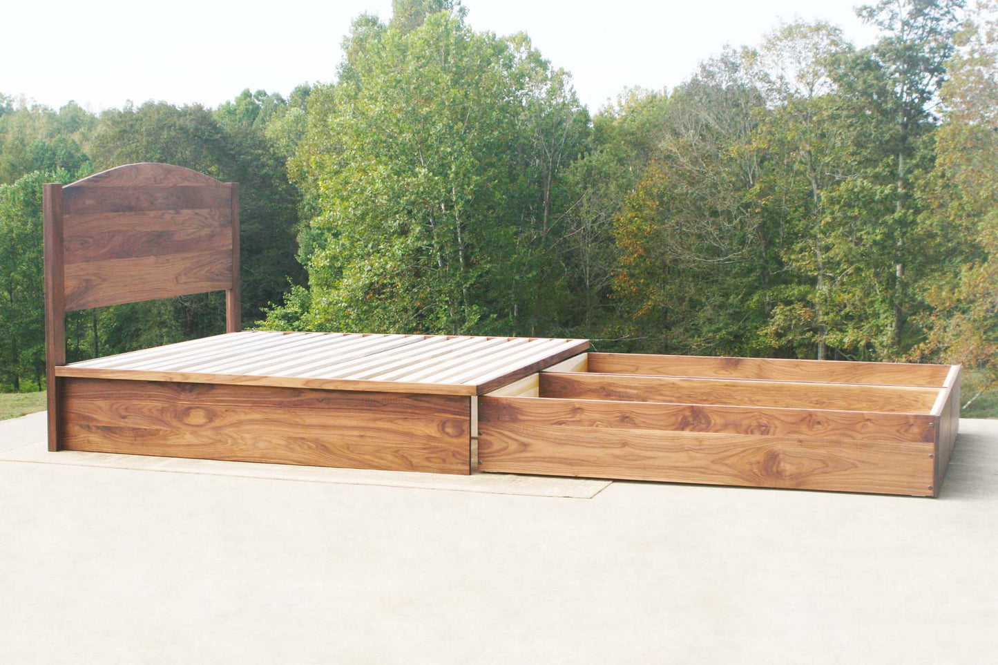 drawers out custom Platform bed with 4 drawers and headboard with top bar