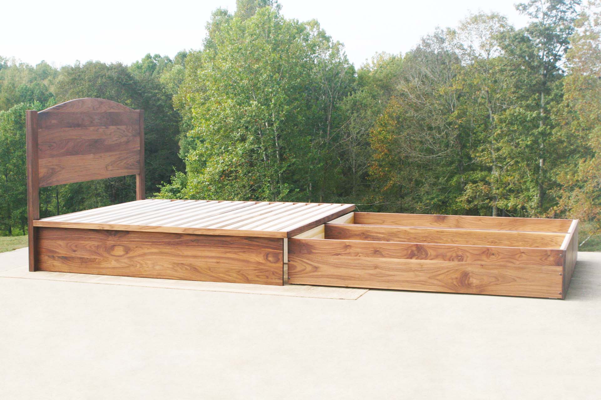 drawers out custom Platform bed with 4 drawers and headboard with top bar