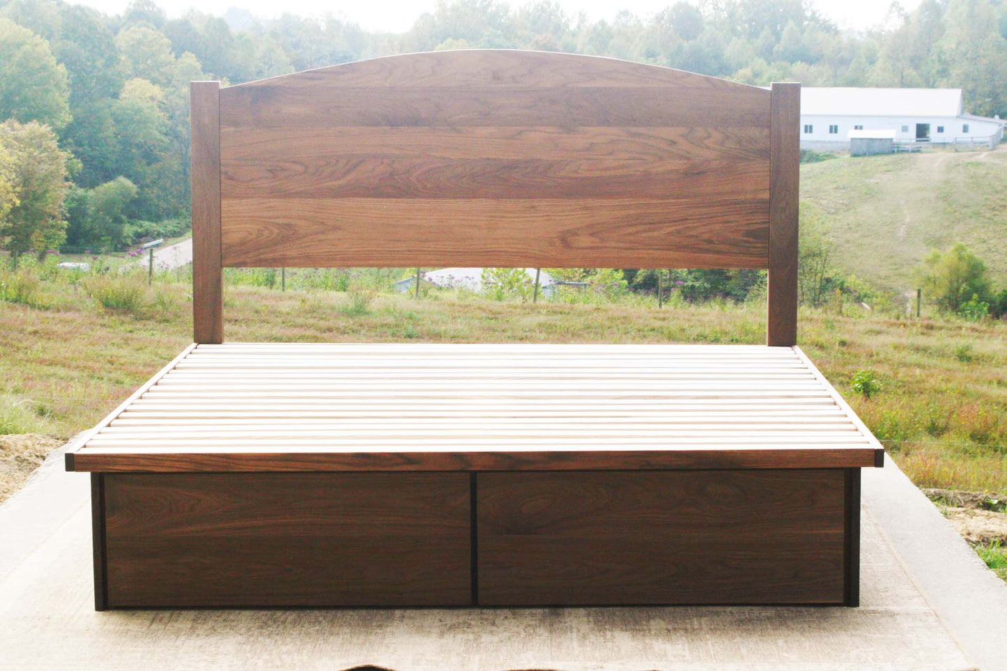 custom Platform bed with 4 drawers and headboard with top bar