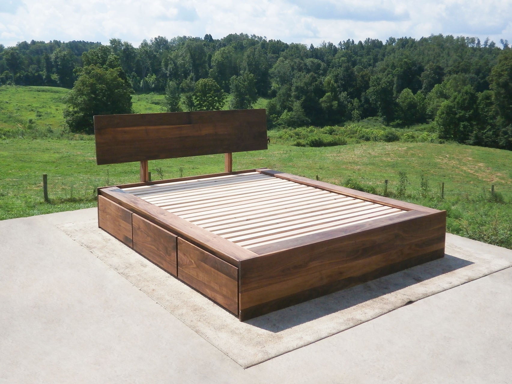 angled view Low Platform Bed with 6 drawers and angled headboard